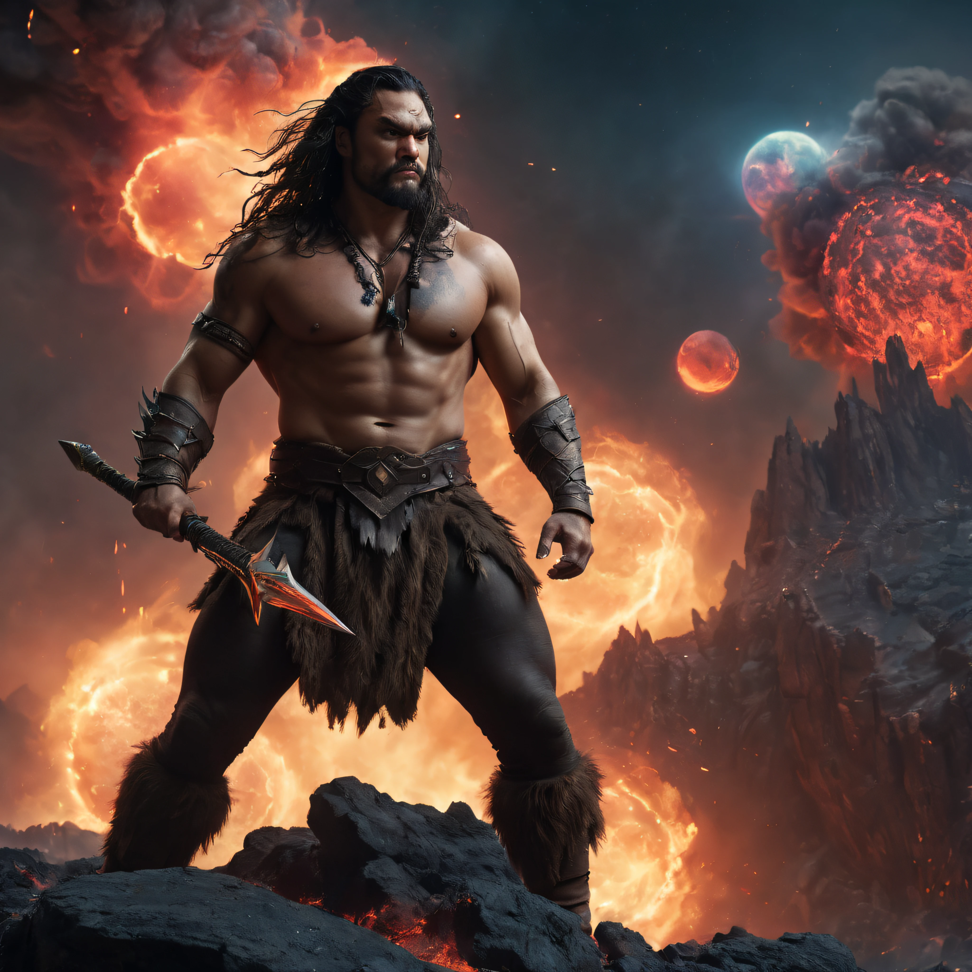 wide angle, full body shot, Jason Momoa as Conan the Barbarian, extremely colorful, multicolored lightning, outer space, planets, stars, galaxies, fire, explosions, smoke, volcanic lava, craggy mountain peaks in the background, professional quality, studio grade, highly detailed, 32k UHD, 1080p, hyper realistic, photorealistic, realistic, lifelike, 1200ppi, 2000dpi, highly detailed, extremely sharp, vibrant, colorful, well lit, cinematic, full field of depth, professional quality, professional quality, Hyper detail, sharp, vibrant, extremely colorful, lively,