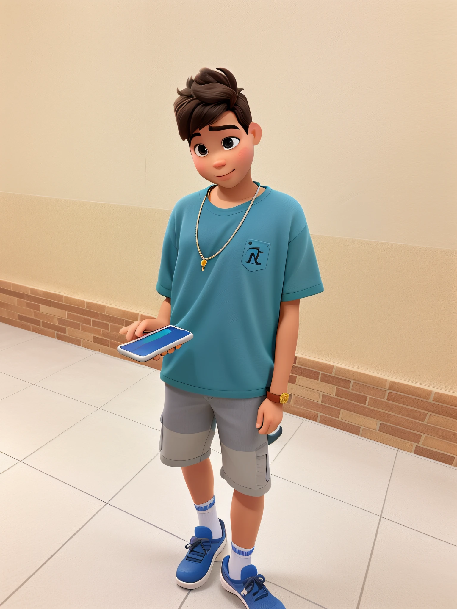 Um menino estilo disney pixar, alta qualidade, melhor qualidade, segurando um celular