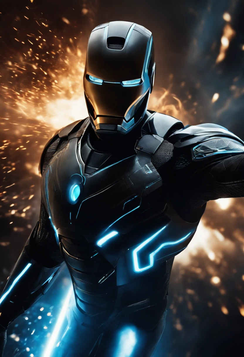 Tron Combined with Ironman, tron legacy, battle scene, fire, explosions, crystal clear image, intricate details, close up, battle scars, black and blue themed