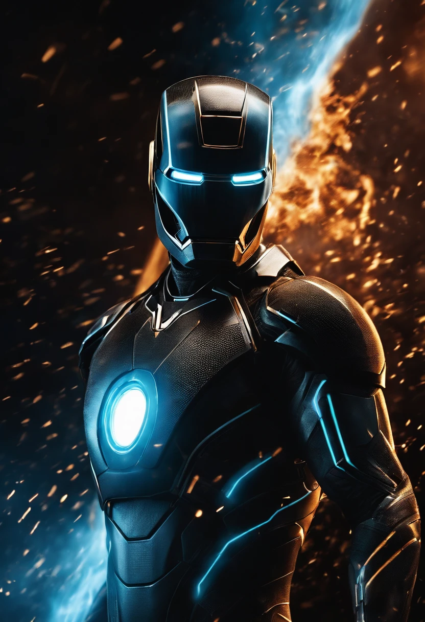 Tron Combined with Ironman, tron legacy, battle scene, fire, explosions, crystal clear image, intricate details, close up, battle scars, black and blue themed