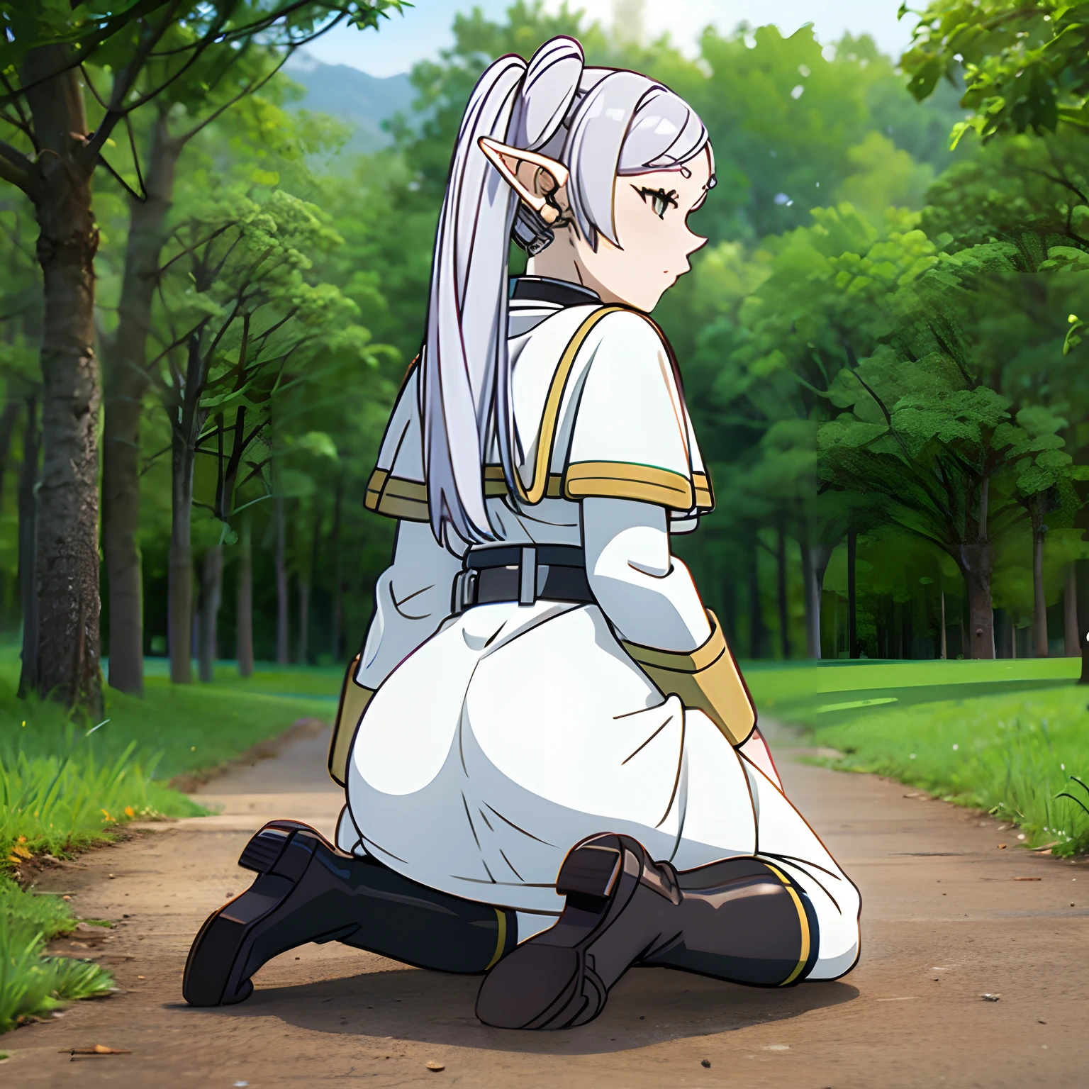 a woman in a dress kneeling on the ground, long hair, blush, bangs, long sleeves, twintails, green eyes, ass, flower, white hair, pantyhose, earrings, boots, outdoors, parted lips, day, pointy ears, belt, white dress, tree, black pantyhose, capelet, brown footwear, knee boots, grass, elf, nature, forest, white capelet