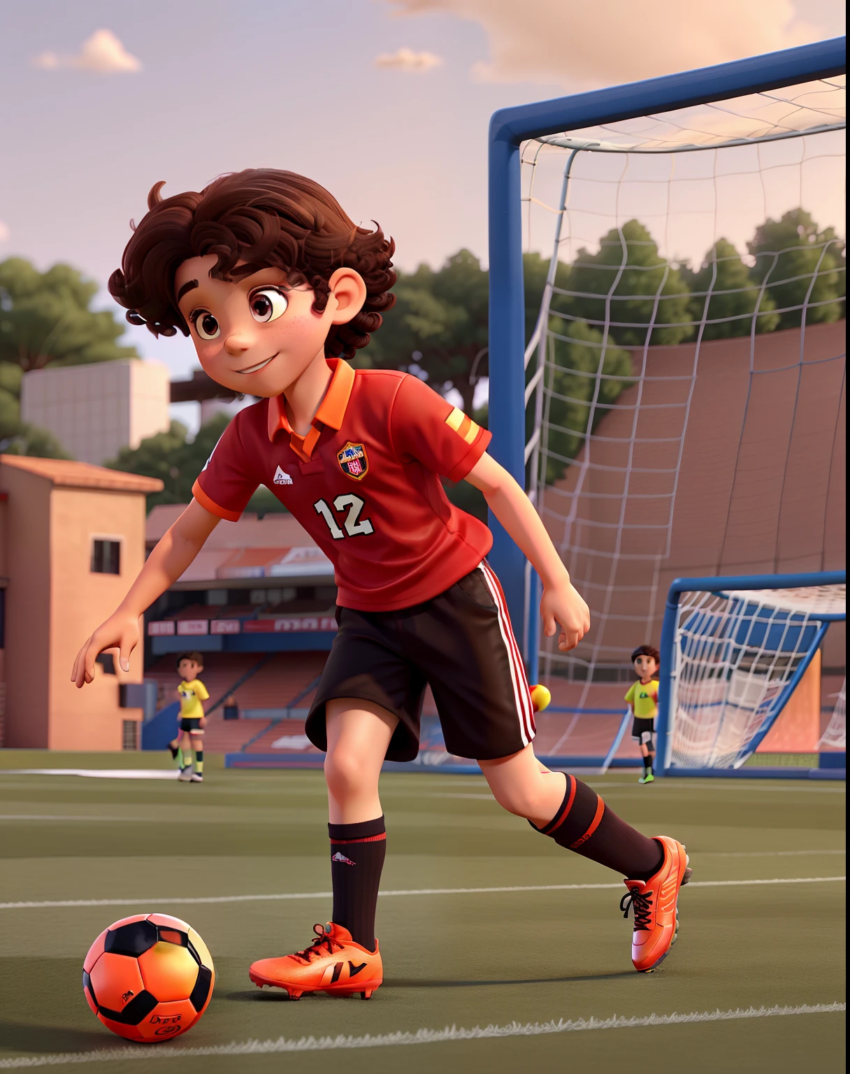 A brunette 7-year-old boy with very short curly dark brown hair on a soccer field in red and black uniform with ball on foot orange cleats