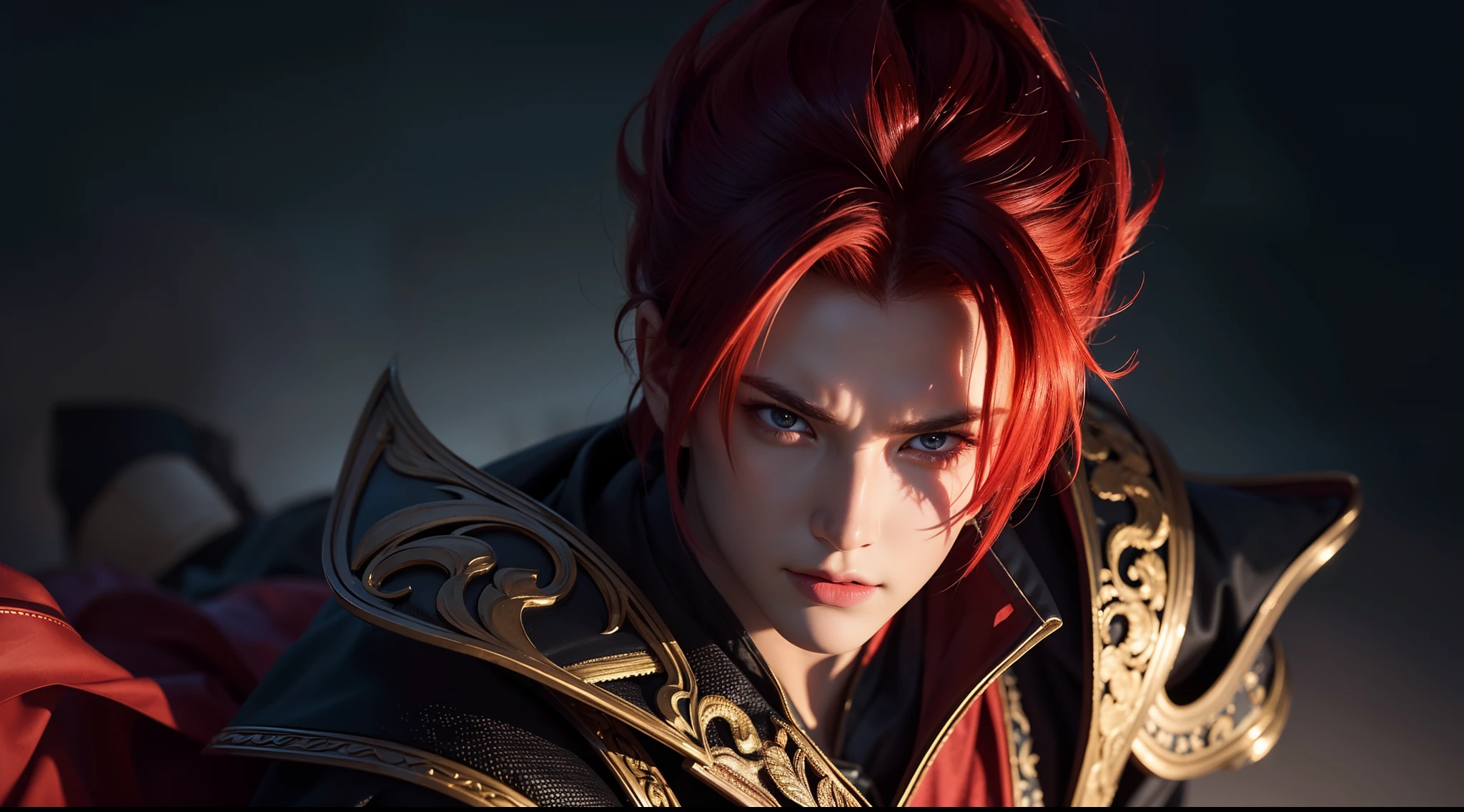 An 8k masterpiece, Highest resolution, Every detail, Meticulous details, Depth of field, bright colors, Nice layout: takes on a gorgeous Gohan anime character with brilliant red hair and beautifully detailed glowing eyes, standing on a dark and ominous background. This handsome demon slayer is the epitome of the bad guys in the fantasy art world.