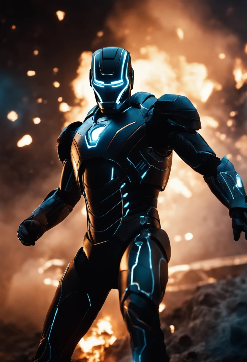Tron Combined with Ironman, tron legacy, battle scene, fire, explosions, crystal clear image, intricate details, close up, battle scars, black and blue themed