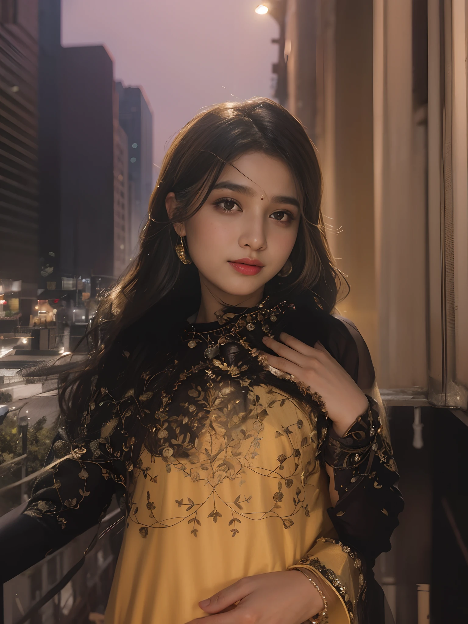 (((desi girl))), chubby face, natural skin, wearing hot deep neck top and dupatta, charming black hair, ((hair ends are blonde)), city streets background, bokeh