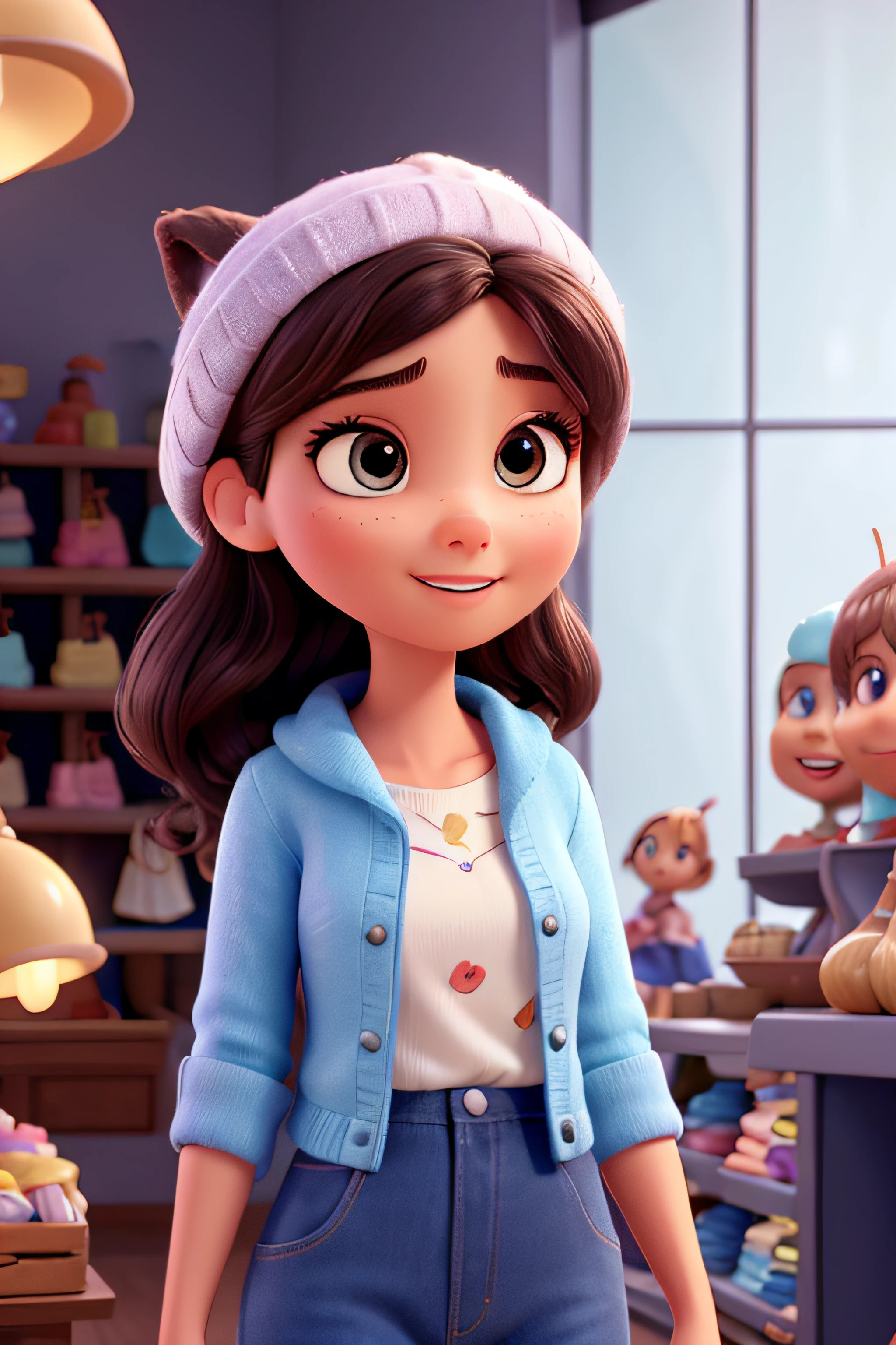 A beautiful dream woman inspired by Pixar animation, de perto. The character takes center stage in a children's clothing store, Behind a counter with happy captivating facial expressions, oferecendo um toque de irrealidade