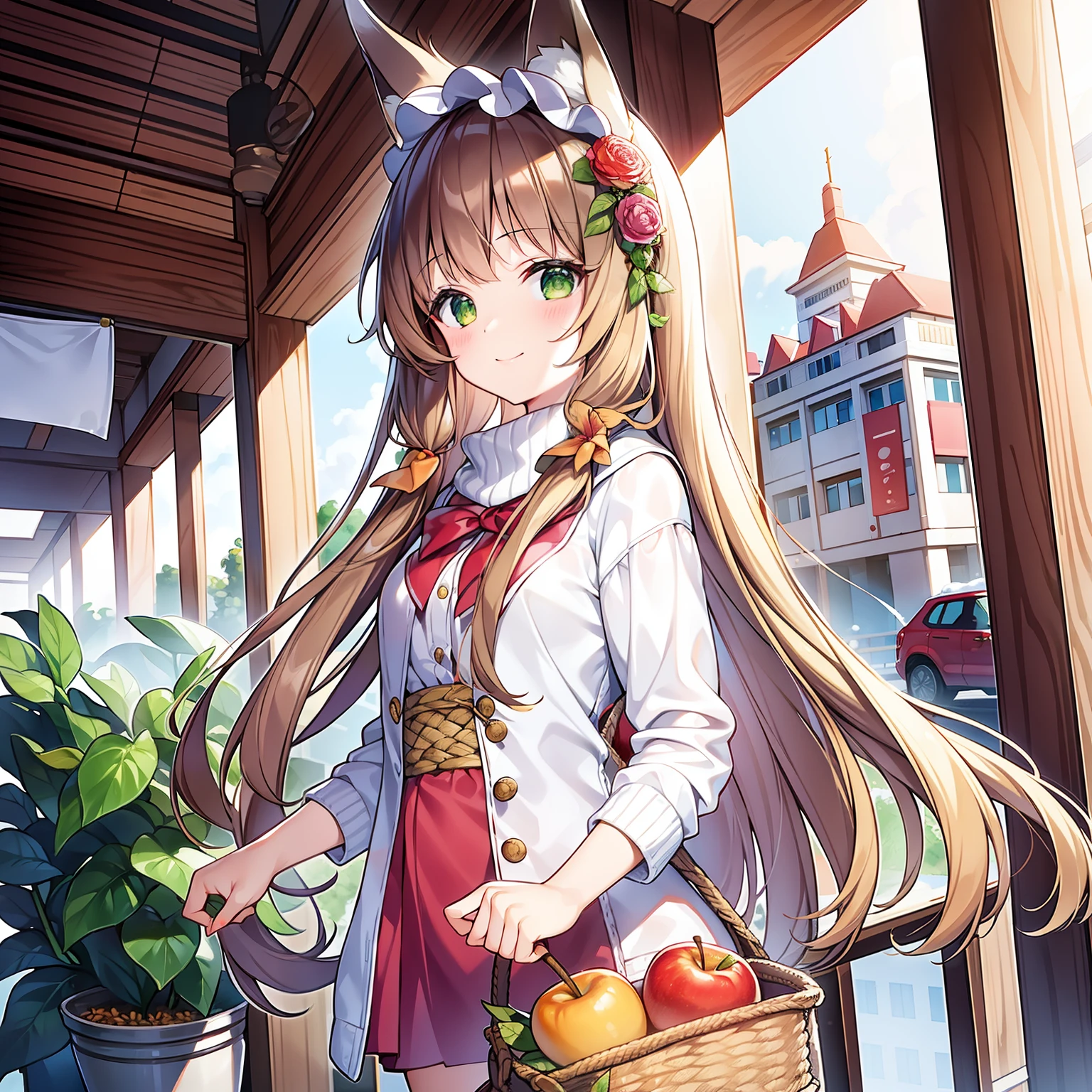 A basket of masterpieces, Best quality, high resolution, 1girll, Solo, Oversized fox tail，Long brown hair，Green eyes，Small flower headdress, (13-year-old junior high school student)，Modern architecture，Buy fruit at the supermarket_The girl puts the red apple in the basket of the supermarket，Dressed in pink and white casual clothes，ssmile，Basket handle on the arm，