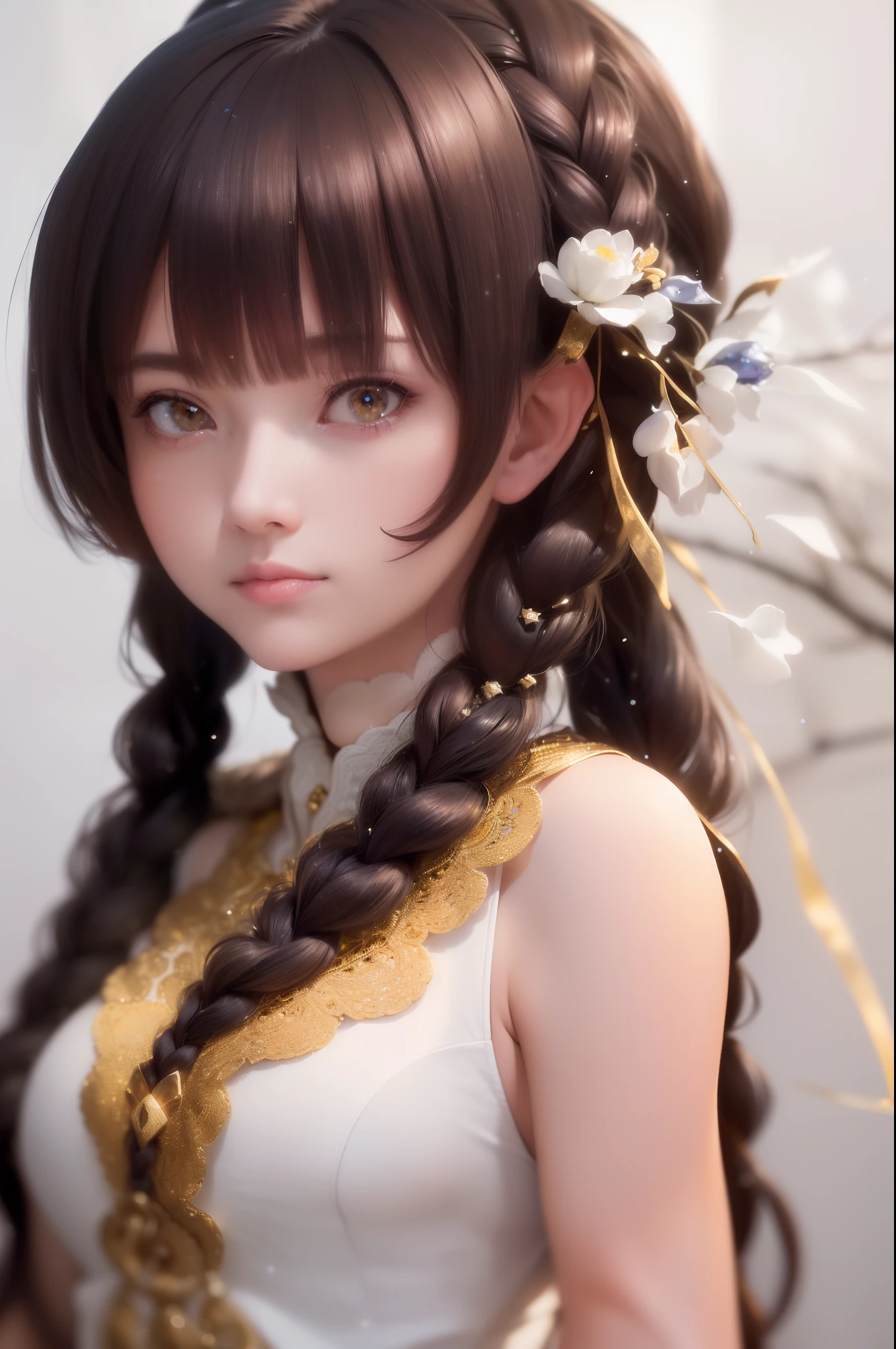 (A high resolution:1.2), (Best quality, Ultra-detailed, Photorealistic:1.37), (Portrait, traditional portrait), (Brown and black hair, Blue hair), (Sparkling golden eyes), (Flowing white clothing), (gazing heavenward), (Upper body or whole body), (Hair flutters like a waterfall), (Snow-like skin), (Elegant side braids)