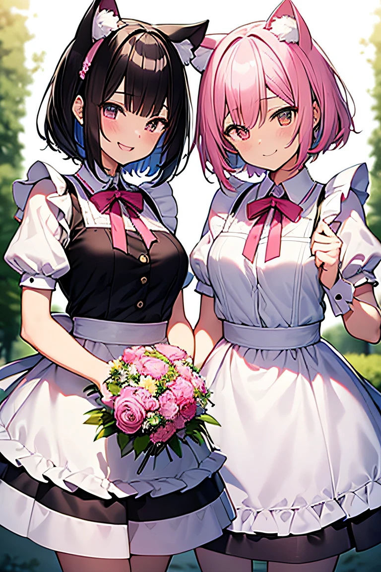 Two Nekomimi anime heroines are smiling while holding a bouquet of flowers in a maid in a white apron。One has pink hair in a short bob、The other is a super detailed photorealistic anime-style illustration of black hair with a short bob, using movie lighting effects, lens flare effects, and depth flare effects.