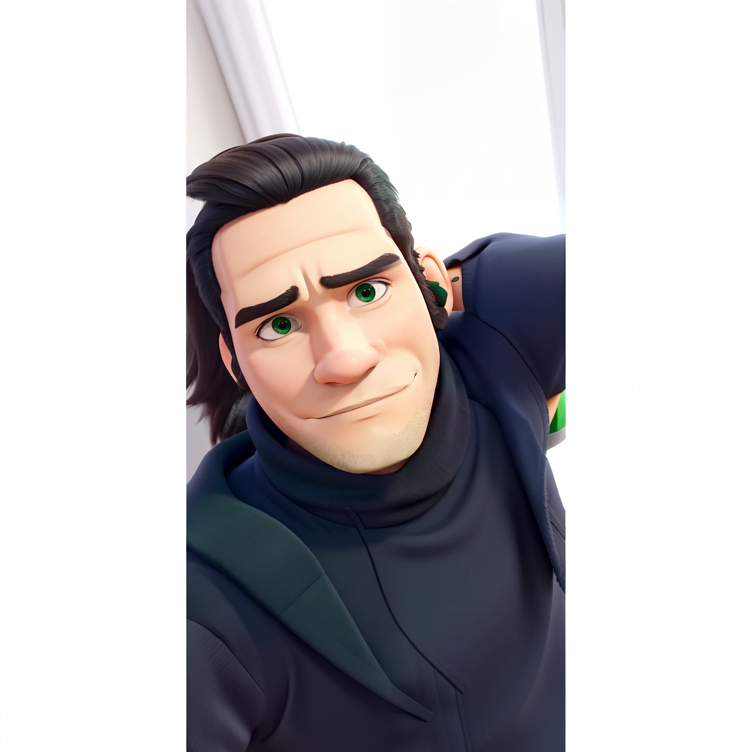 um homem branco brabo, com cabelo preto curto, olhos verde, vestindo um agasalho com touca preta