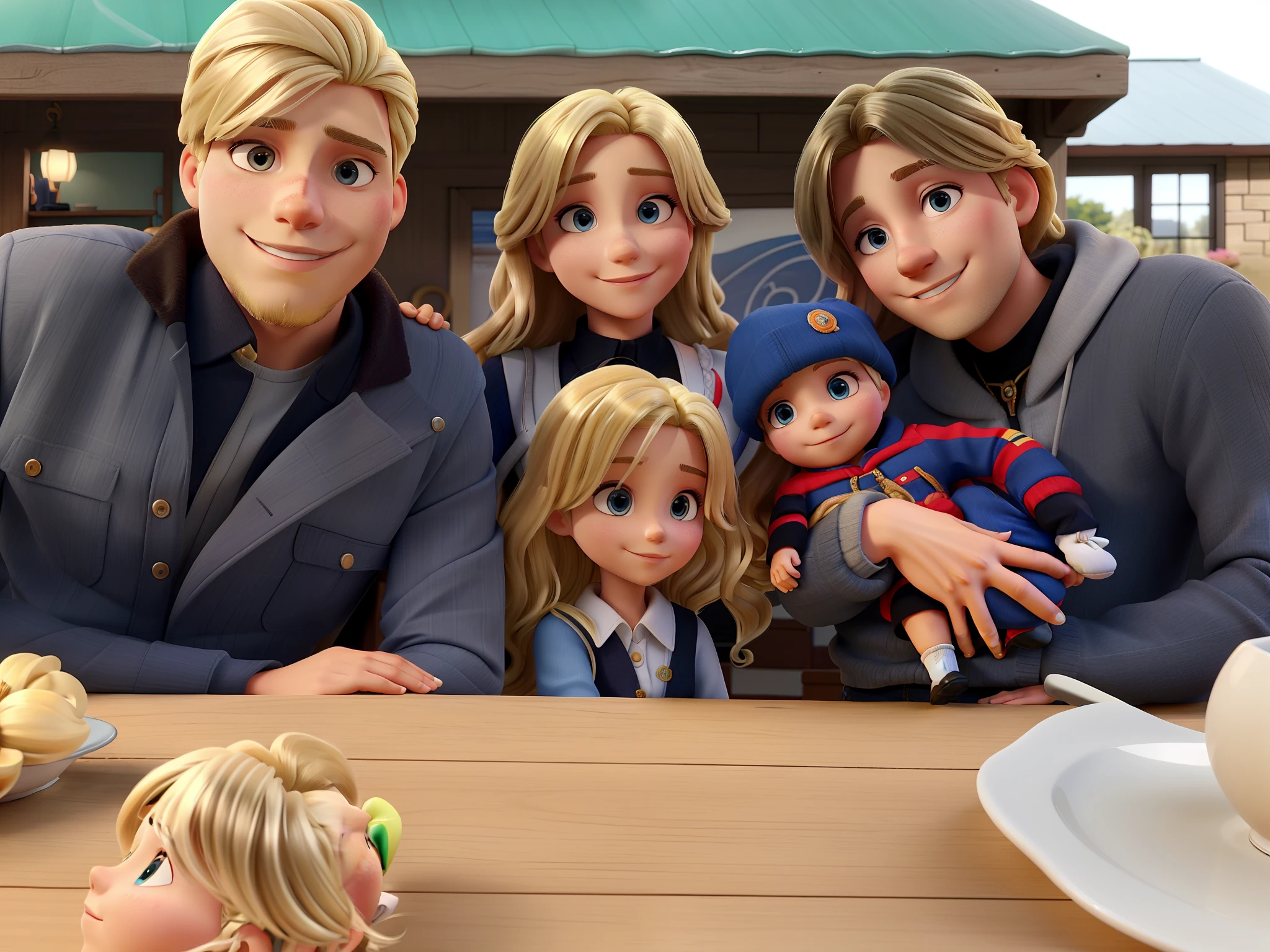 A beautiful blonde mother with her blonde boy children in the United States, recebendo a visita da prima com cabelo preto e o marido desta de cabelo castanho