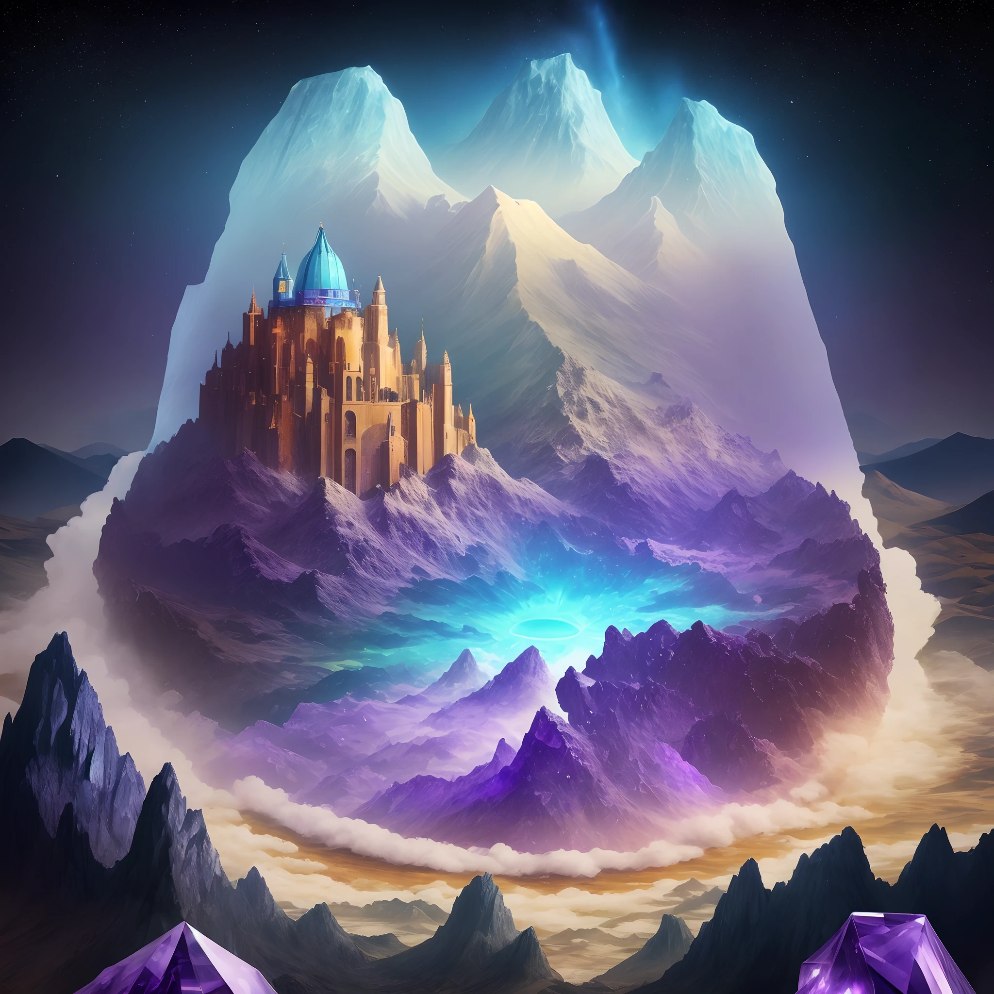 Craft a celestial observatory atop a crystalline mountain range, inspired by Salvador Dali's surrealism, using colors like amethyst, opal, and sapphire.