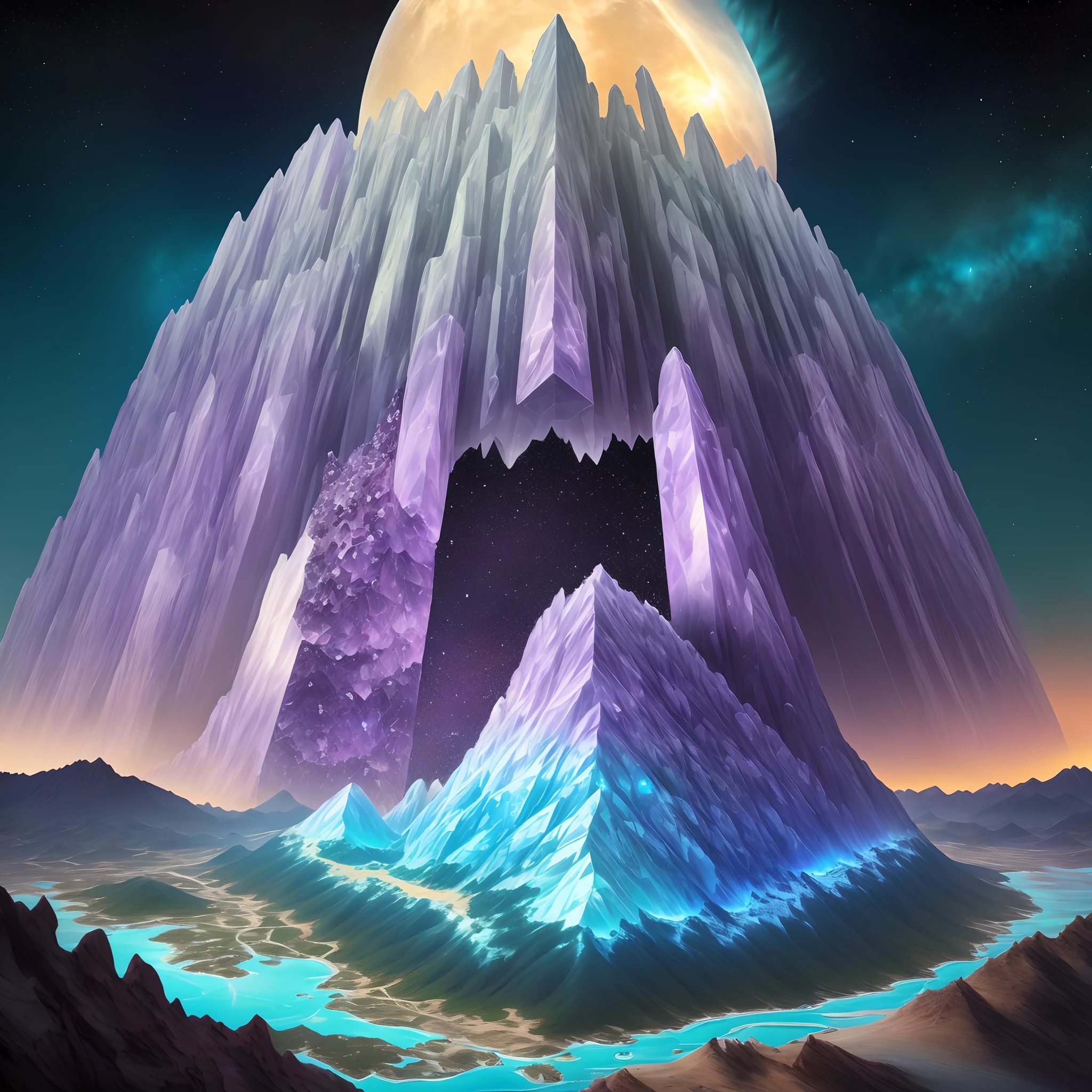 Craft a celestial observatory atop a crystalline mountain range, inspired by Salvador Dali's surrealism, using colors like amethyst, opal, and sapphire.