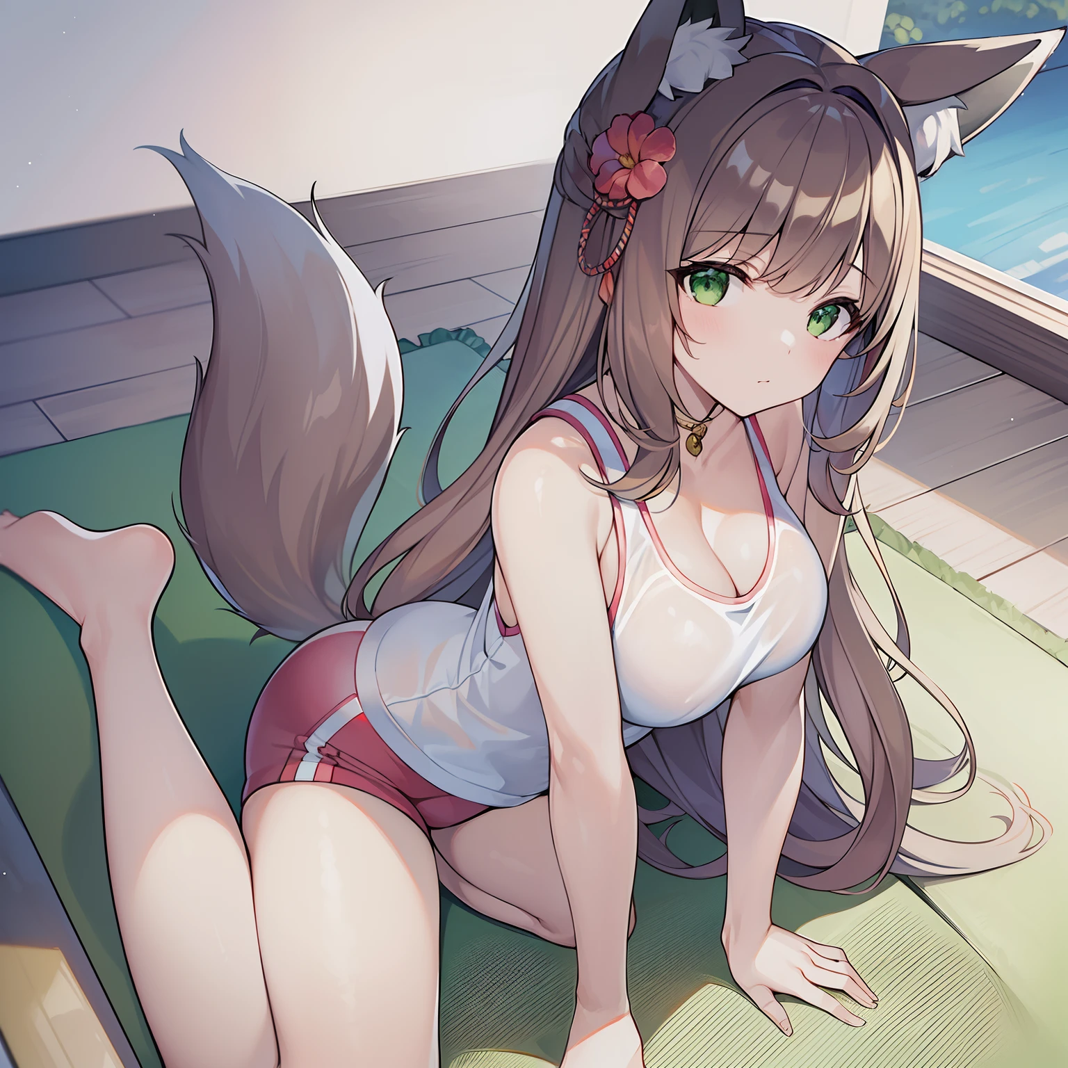 (tmasterpiece,Highest high resolution,8k wallpaper,Highest drawing quality),1girll,Solo,(Huge fox tail),Brown hair long,Green eyes,Small flower headdress,21-year-old college student_C cup,Modern architecture, On The Home,Girl doing exercise on yoga mat_Girls do flexibility exercises,Wear a sexy white sports vest_Sexy sports shorts,Under the sun,