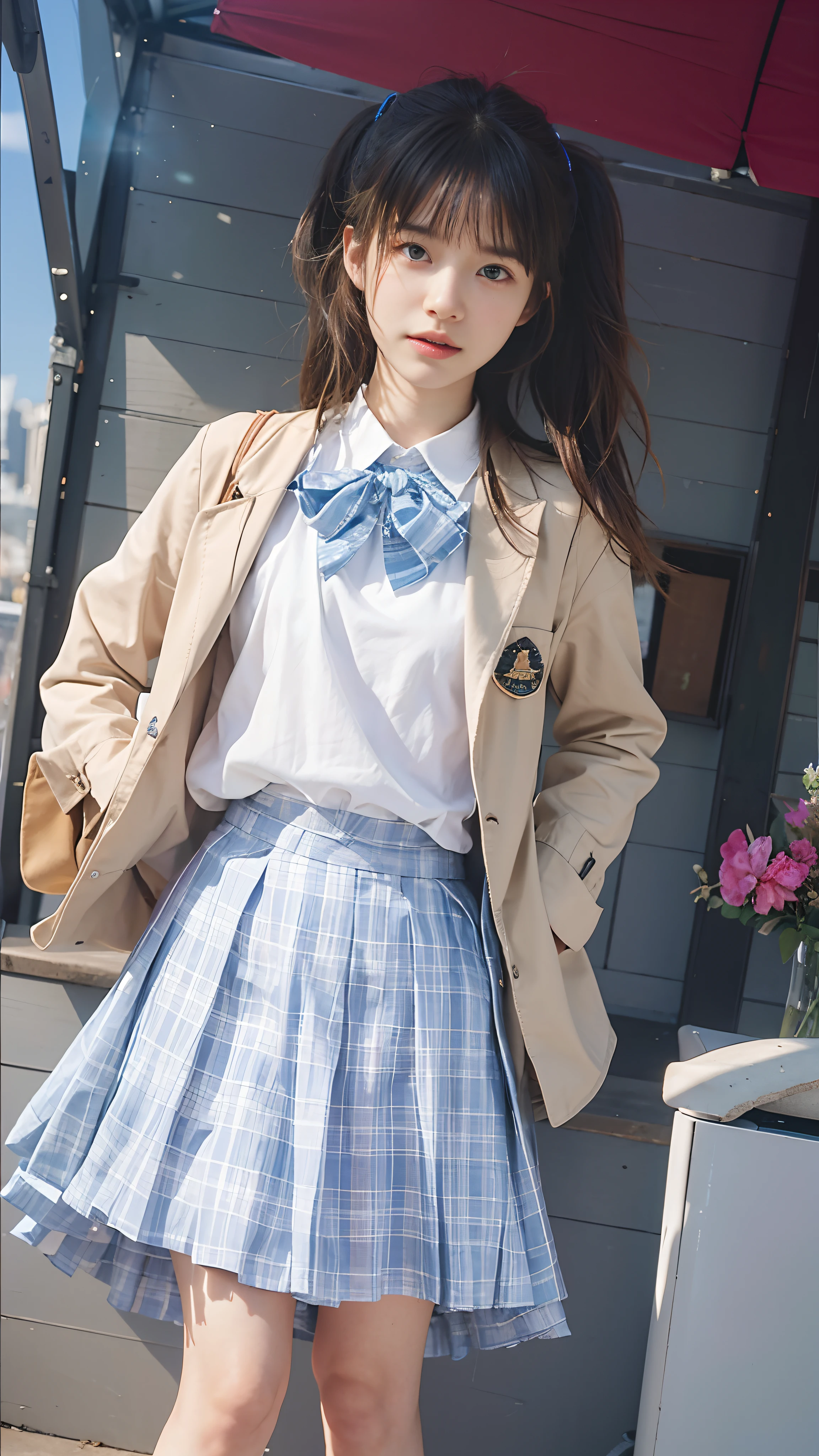 (8k, best quality, masterpiece:1.2), (realistic, photo-realistic:1.37), ultra-detailed, A detailed portrait of 1 girl 18 year old, cool outfit, beautiful girl, british girl, pale skin, perfect body, nice abs, blue eyes, blond hair. The scene is illuminated with professional lighting, photon mapping, and radiosity, with Tetsuya Nomura Style. Blur bokeh effect, realistic light.