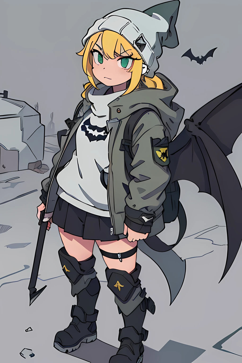 1girl,, light yellow hair, eyes covered by hair, grey shark beanie, dark green down jacket with white furry hood, big black boots, sharp teeth, smug, big black backpack, small bat wings with piercings, wasteland