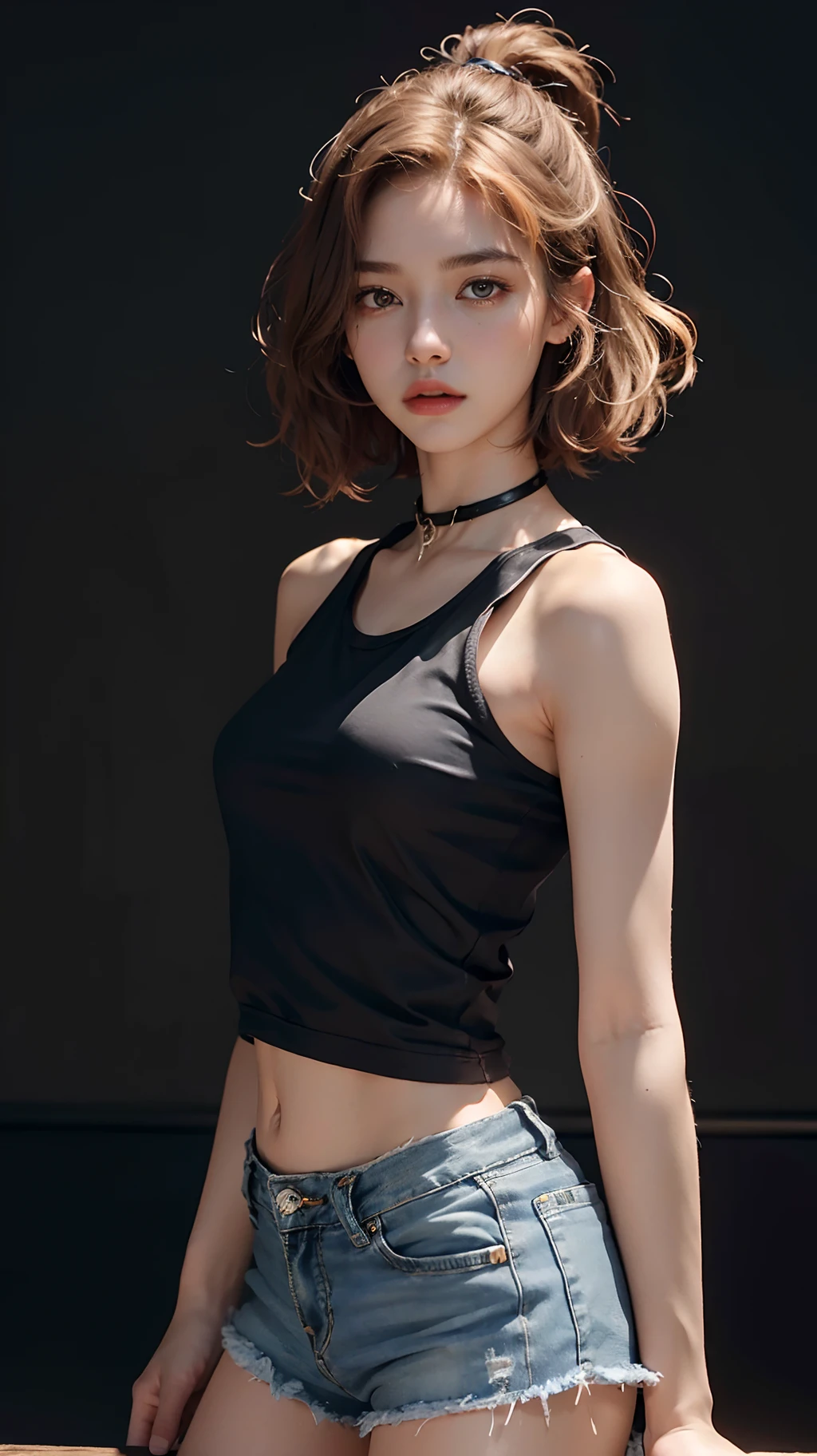 ((Medium chest, tomboy girls, Small head)), (chiselled abdomen: 1.1), (Perfect body: 1.1), (Short wavy hair: 1.2), Light orange hair, Collar, chain, Full body photo, dojo, wearing a black tank top, Denim jacket, ((Shorts)), (Extremely detailed CG 8k wallpaper), (A masterpiece of extreme delicate beauty), (Best quality: 1.0), (high resolution: 1.0), Beautiful lighting, Perfect lighting,  Realistic shadows, [A high resolution], Detailed skin, Ultra-detailed (((Color)))