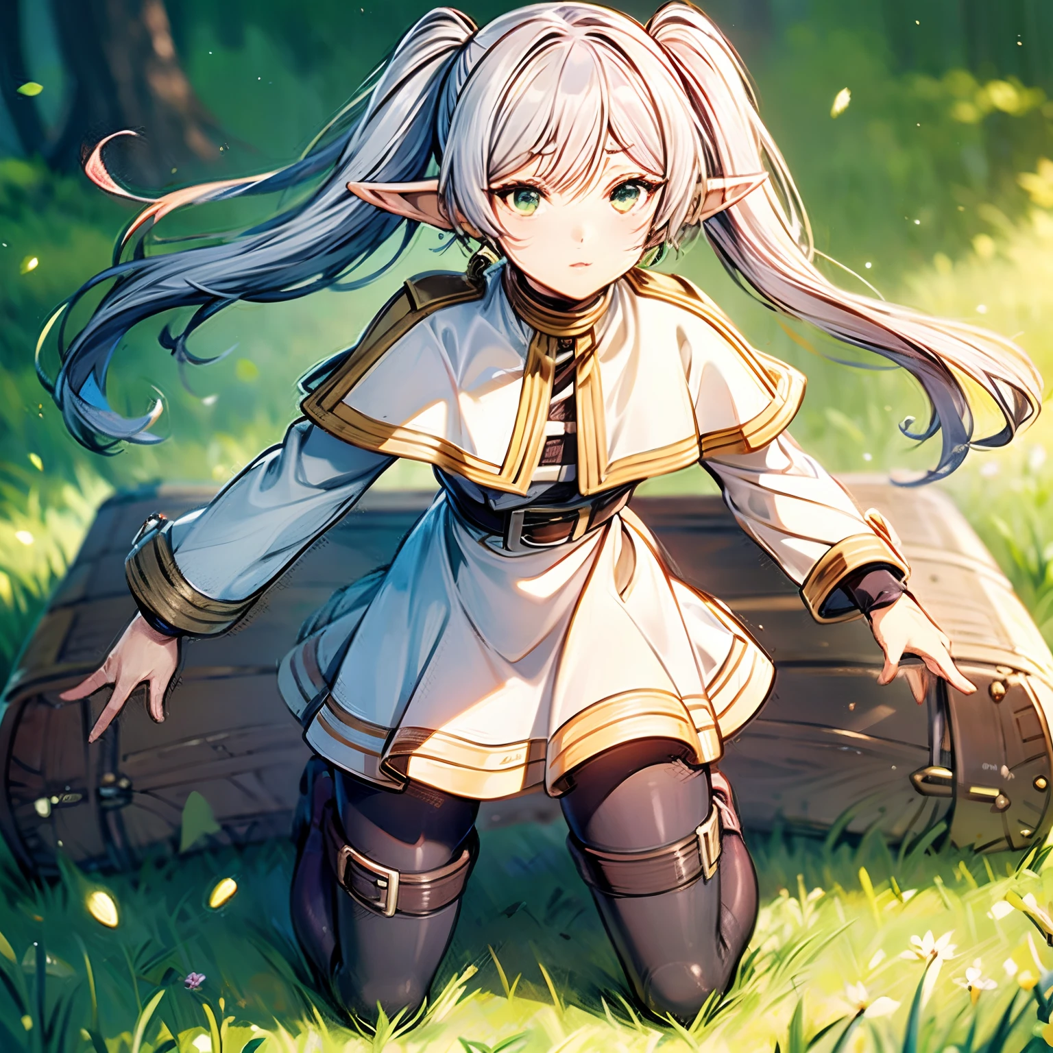 a woman in a dress kneeling on the ground, long hair, blush, bangs, long sleeves, twintails, green eyes, ass, flower, white hair, pantyhose, earrings, boots, outdoors, parted lips, day, pointy ears, belt, white dress, tree, black pantyhose, capelet, brown footwear, knee boots, grass, elf, nature, forest, white capelet