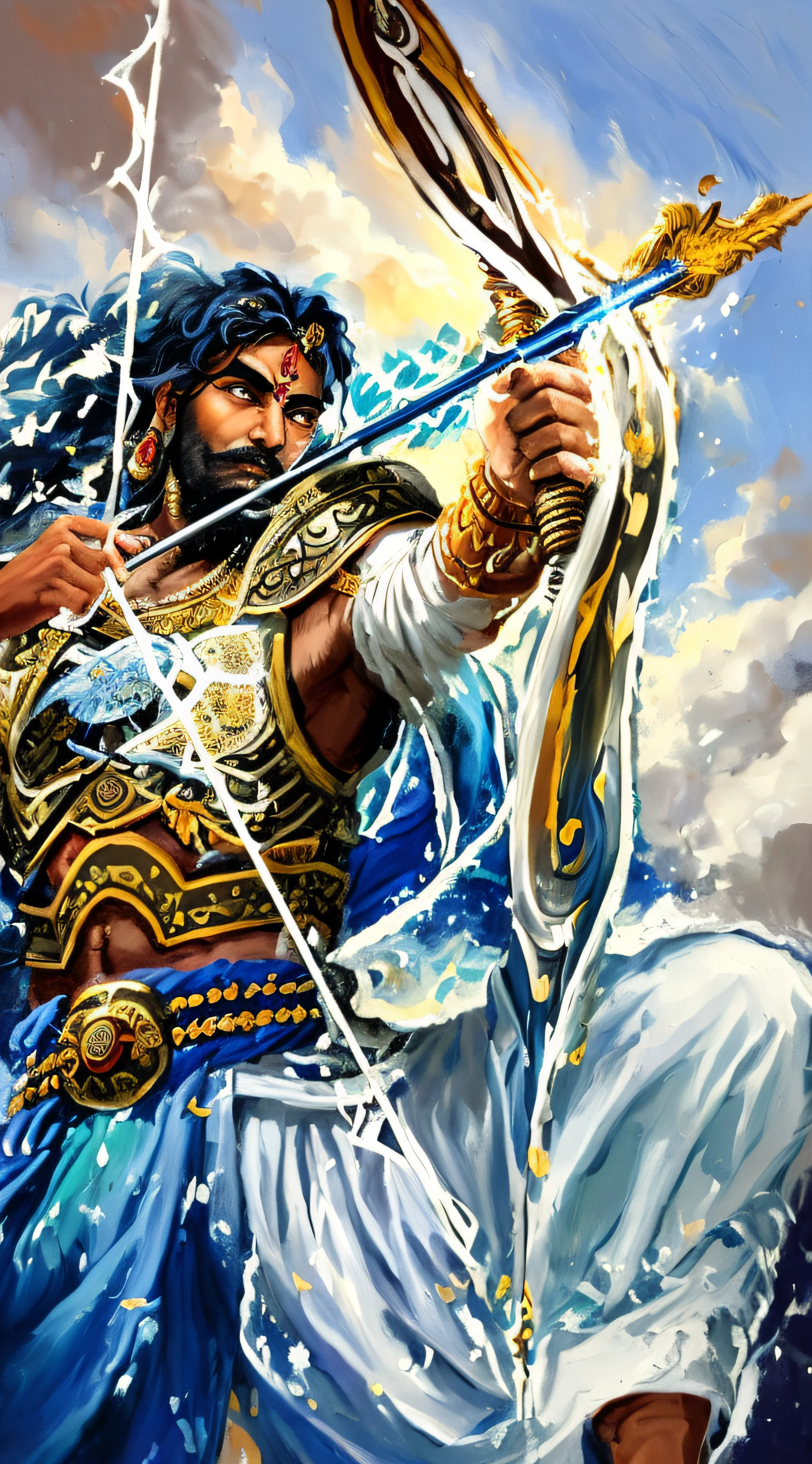 a painting of a man with a bow and a sword, god shiva the destroyer, inspired by Kailash Chandra Meher, legendary god holding spear, from ramayan, by Sasha Putrya, ashoka tano, holding his trident, lord shiva, heroic shooting bow pose, devainart, by Max Dauthendey, shiva, vishnu