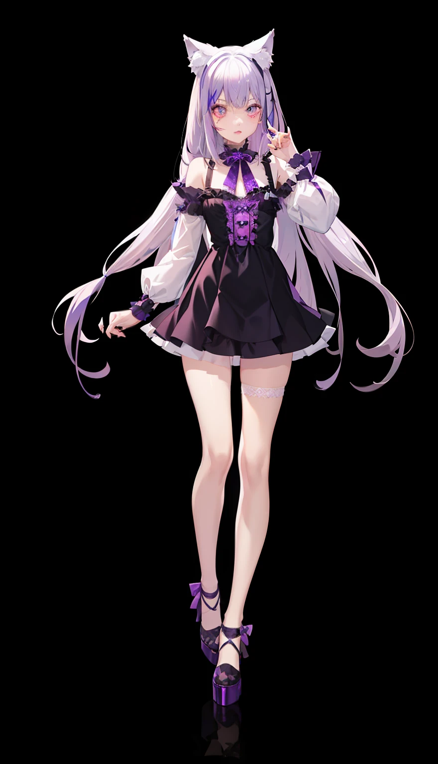 1girl in、Underwear、Cute  in anime、full body Esbian、Silver-haired loliple mesh hair、length hair，（Twin-tailed），Wolf ears、lip stick，Glossy lips，Neon Luminous Accessories，Neon blue ribbon in hair，Gentle source of light，in one's underwear only，Black-purple noble underwear，Detailed lace underwear，bashfulness、eyeshadows，Anguished poses，Nice Lori，high-level image quality，mirror ball，Professional Drawing，cleanness，krystal，Flowing neon background