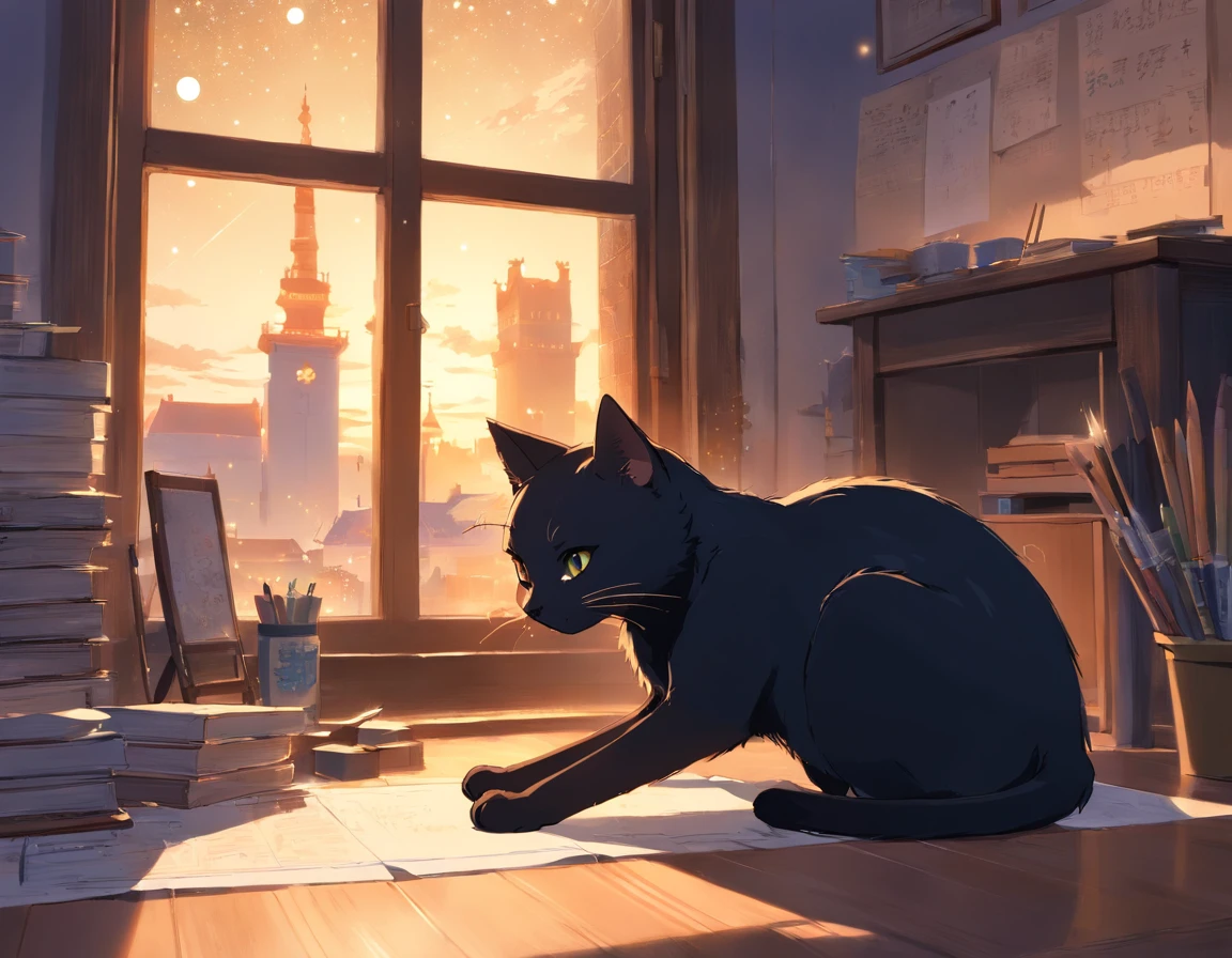 In the foreground、A black cat is depicted as the main character。The black cat is holding a letter。He looks forward、hali々It is depicted that he is walking.、His tail is elongated horizontally。

A dark boulevard is depicted in the background.、The surroundings are quiet and calm。Part of the street passes in front of the artist's studio.、Warm light shines through the windows。

Although the painter itself is not directly depicted、His presence is felt in the atelier and in the expression of the black cat。His sketchbook is sitting on the windowsill.、There are many drawings of black cats in it。

At last、The stars are shining in the sky,、In particular「Holy Night」There is a large star that symbolizes。By this、The fantastical atmosphere of the story is emphasized。