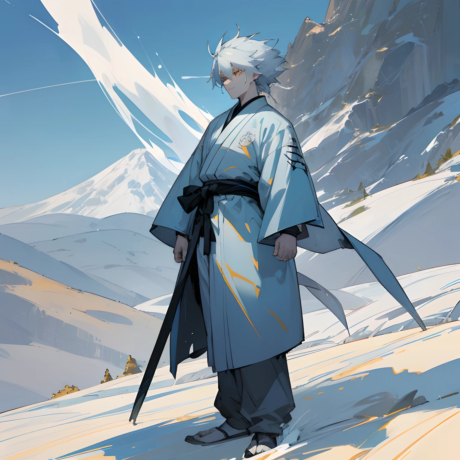 (pale skin, pale blue hair, yellow eyes, blue and white haori, standing on path, mountain background) (portrait:1.1, best quality) , ninja clothing , 1male , adult man , detailed image , masterpiece quality , detailed features , perfect quality , spiky hair, messy hair