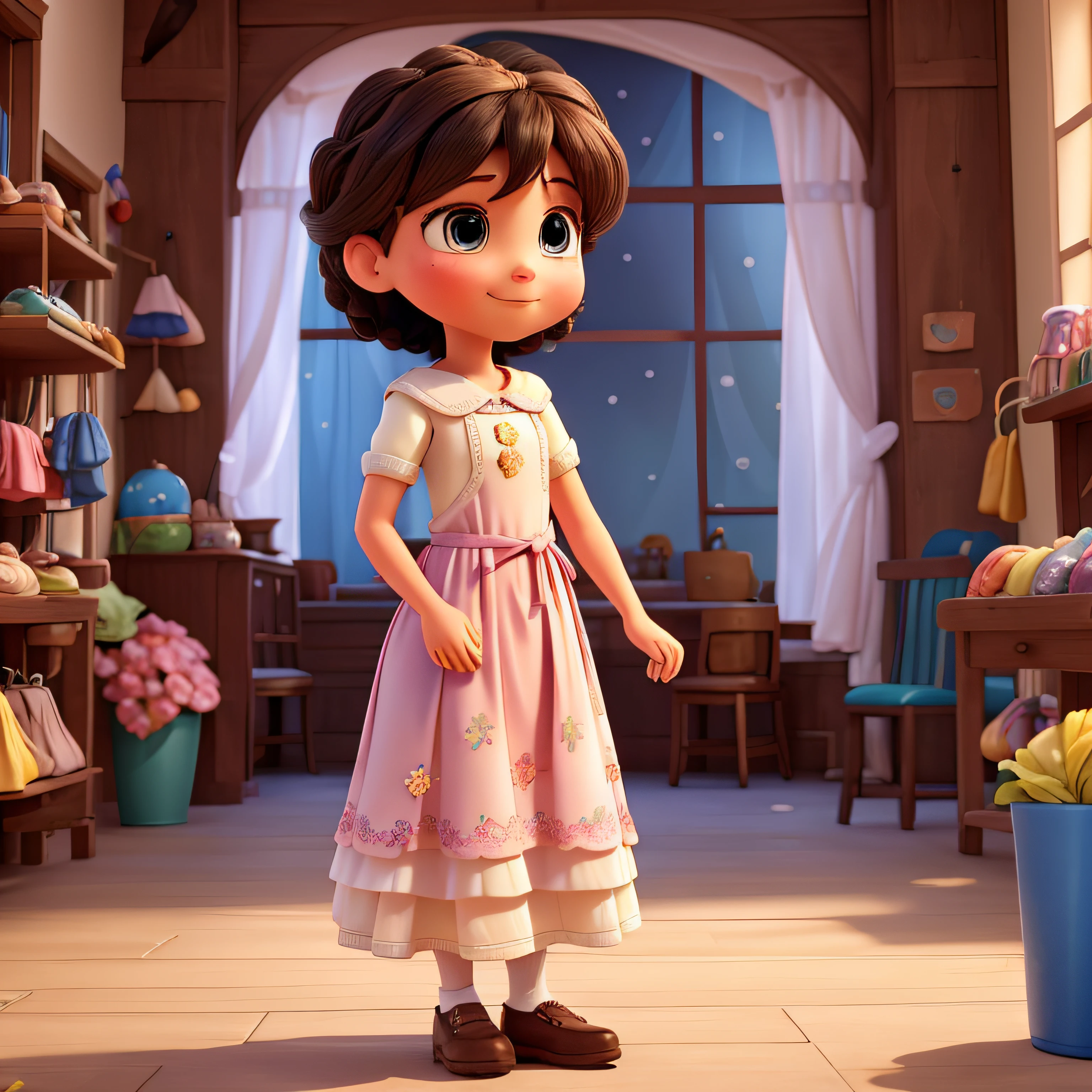 In the heart of a small town stood the most charming children's clothing store anyone could imagine. And in the center of that store, like a vision from a Pixar movie, was the beautiful owner.
She was a girl with dark hair, like the deepest night, which cascaded down her shoulders with a softness that resembled silk. Her face was adorned with fair skin, as smooth as porcelain, with a subtle glow that seemed to emanate an aura of gentleness and warmth.
The long dress she wore was a work of art in itself. Made of soft fabric, it seemed to have been woven by the most skilled fairies in the kingdom. The skirt flowed in a cascade, moving with a grace that suggested dance and joy. The colors were like a soft rainbow, blending into pastel tones that evoked a feeling of tranquility and innocence.
His eyes were like windows to a world of empathy and understanding. Deep and bright, they caught the light in a way that made everyone feel welcomed around them. Her every smile was like a ray of sunshine illuminating the store, spreading warmth and happiness among the customers.
This young woman was not just a clothes seller, but also a guardian of childlike imagination and wonder. Her store was not just a place to buy clothes, but a refuge where dreams and magic intertwined with the fabric of each piece. She embodied the spirit of Pixar films, bringing to life a world of wonder and inspiring everyone who had the privilege of knowing her.