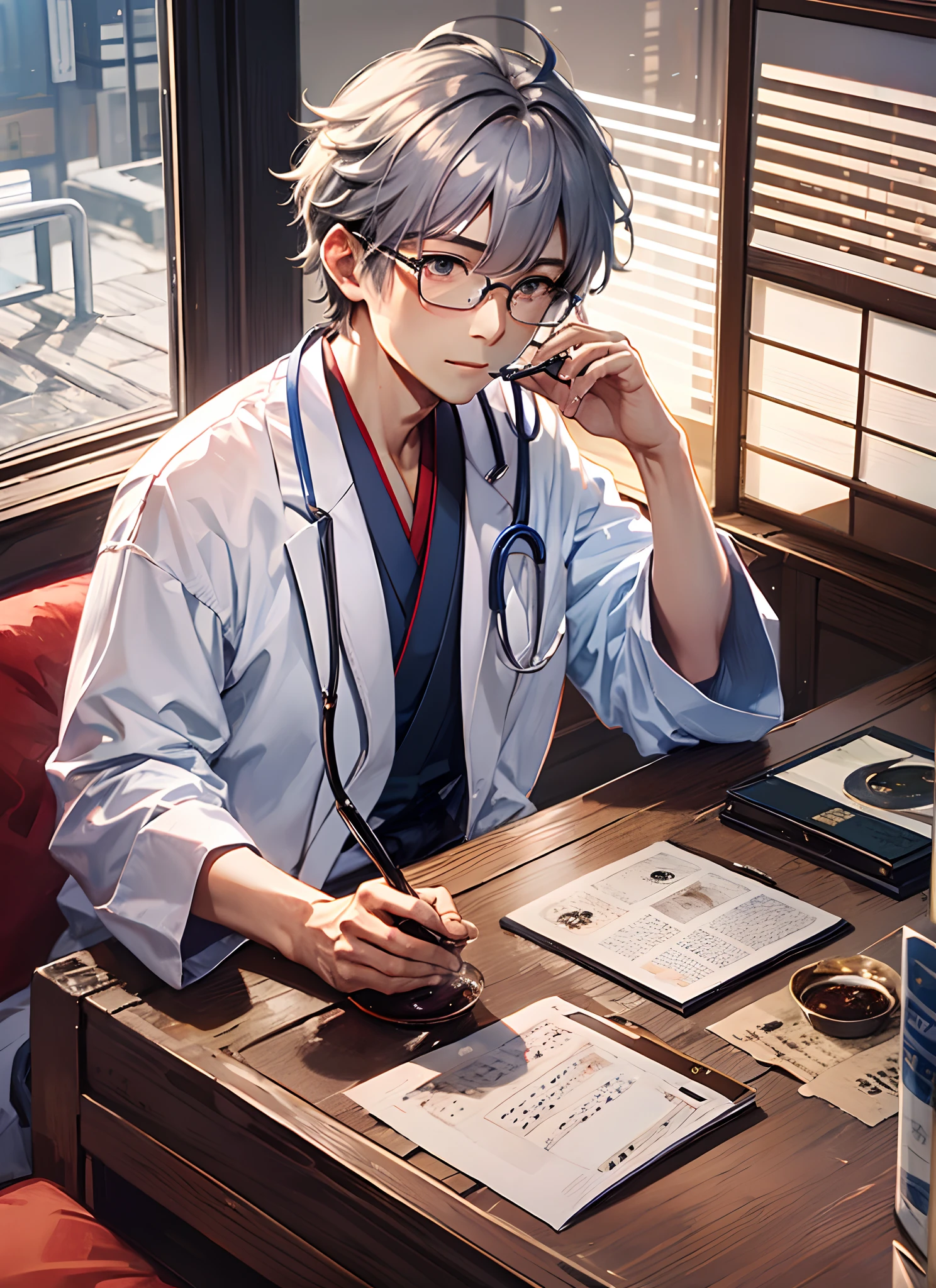 "A Japanese doctor with gray hair and glasses who drinks sake."