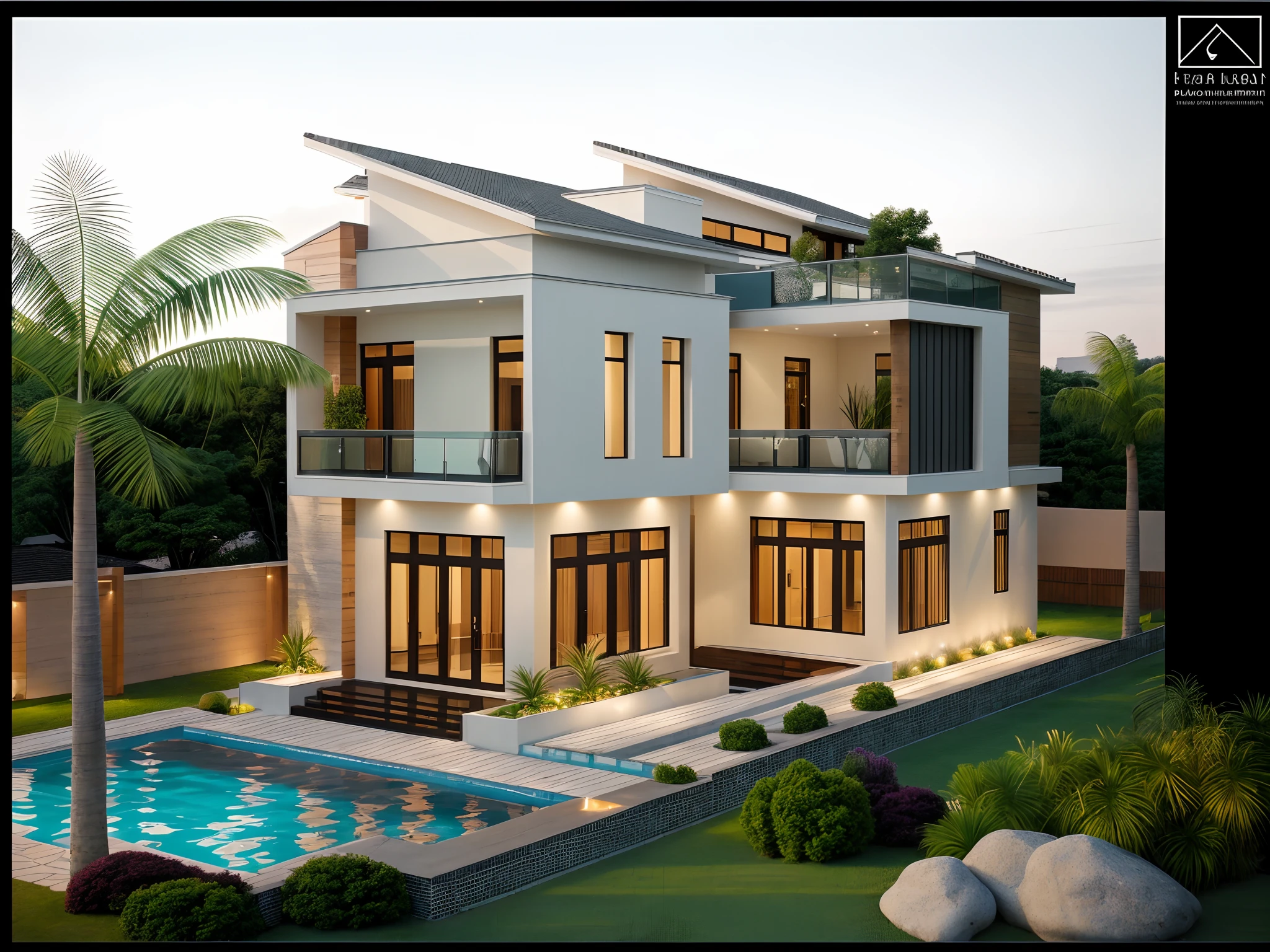 a view of a modern home with a large front yard, main material by white wall and stone and wood,  1 road runs in front of the house,  (RAW photo, real, best quality, masterpiece:1.2), look morden minimalist, 1 road in front of the house, shime ring light, light brighteness from indoor:1.2, dynamic lighting:1.3, (hyper realistic, photo-realistic:1.2), high quality, day lighht, hight contrast :0.5 perfect lighting, archdaily,  award winning contemporary, contemporary masterpiece, well-designed masterpiece, large modern residence, neotraditional modern, wide angle exterior 2022, midcentury modern, contemporary house, hip modern vibe, a long-shot from front, award winning modern design, stunning lines, residential, subtle detailing,Green tree in front of the house,There is a large, ((modern swimming pool in front of the house)), sunset light