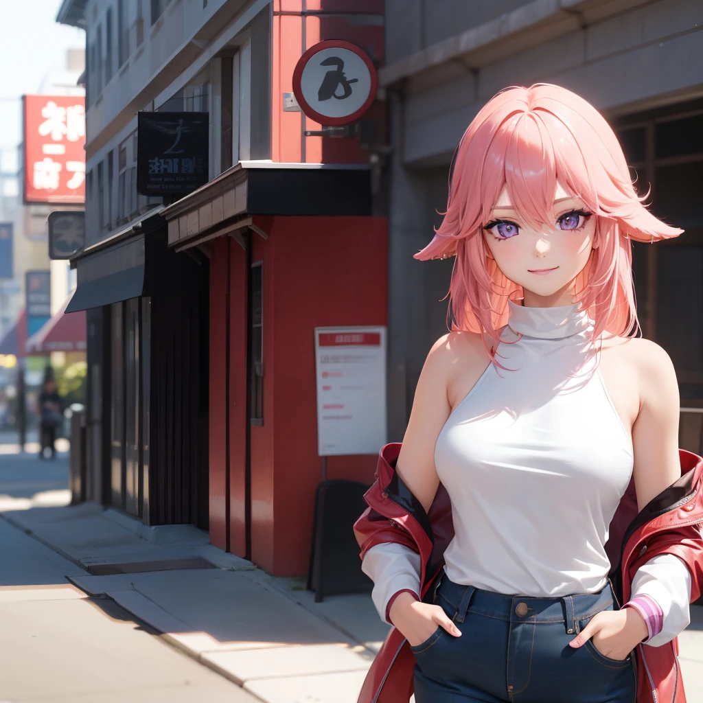Naked leather jeans　girl with　femele　I have my hands in my pockets　a smile　top-quality　​masterpiece　超A high resolution　Detailed skin　Pink hair　a blond　blue eyess　beautiful a girl　genshin impact, yae miko (pink hair, long hair, purple eyes, glowing eyes)
