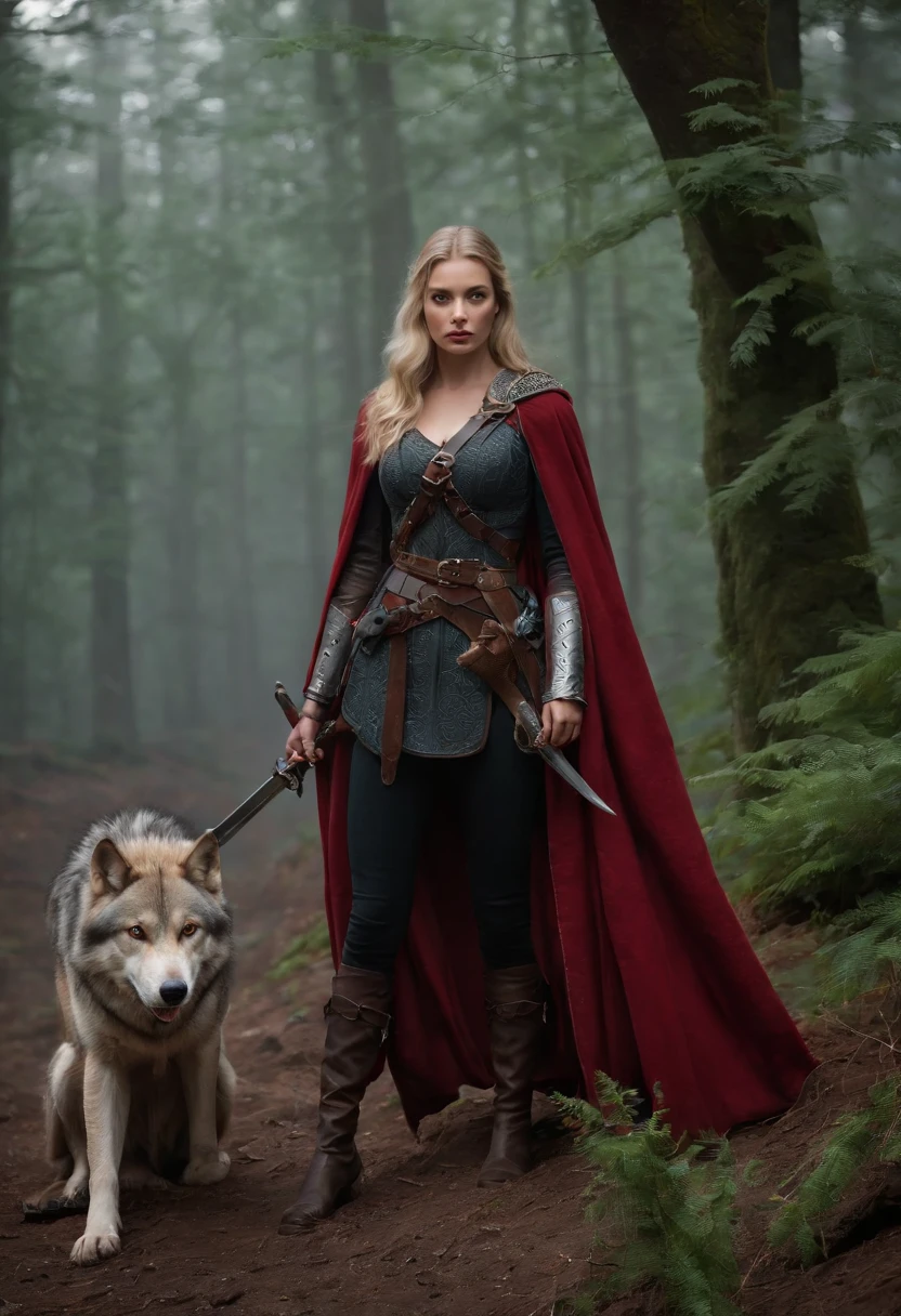 fantasy art, RPG art, Dark fantasy art, ultra wide shot, RAW, photorealistic, a picture of female human ranger and her wolf pet, the ranger, an exquisite beautiful human woman, long blond hair, braided hair, green eyes, wearing leather armor, wearing (red cloak: 1.1), armed with a (sword: 1.3), wearing laced boots, standing in a dark forest at night, (mist rising from the grounds: 1.3), a sense of dread and fear, yet she stands defiant and fearless, her wolf pet stands near her, protecting her, dark fantasy forest background, best quality, 16k, [ultra detailed], masterpiece, best quality, (ultra detailed), full body, ultra wide shot, photorealism