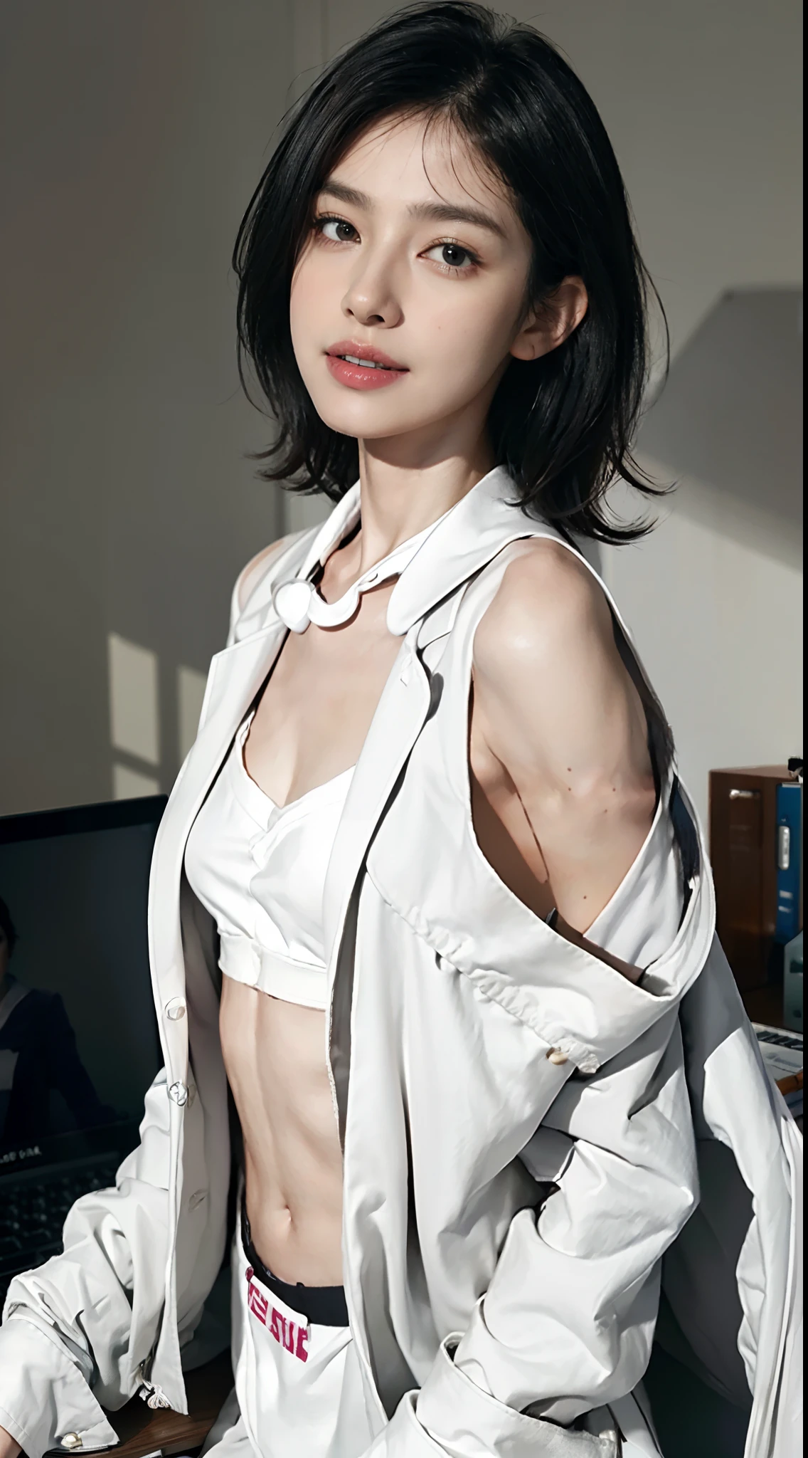 ((Small underboob)), (shoulder-length straight short hair: 1.1),(black hair:1.5),Upper body, （Extremely meticulous CG 8k wallpaper），（Extremely refined and beautiful），（Masterpiece），（best qualtiy：1.0），（Ultra High Resolution：1.0），beautiful light up，Perfect lightning，realistic shaded，[A high resolution]，Smooth and flawless fair skin，Extremely exquisite facial details，（perfect body：1.1），ultra - detailed,A beautiful girl，small head,(Small breasts:1.1)，Flat chests，slim，thin，Smile,Squinting eyes,happy,(doctor's white coat:1.7),(collared shirt and underwear:1.4),autumn,Morning,A female doctor,(messy hair:1.1),unkempt,In a dilapidated hospital，In the office,((lying flat on back on the computer table)),Close Shot,(a lot of money on the table:1.5),cowboy shot,Portrait above chest level,from above,(female orgasmic:1.5),(blush:1.3),(clavicle:1.5),(shirt open:1.5),Cleavage,shoulder off,bare shoulder,no bra,stocking