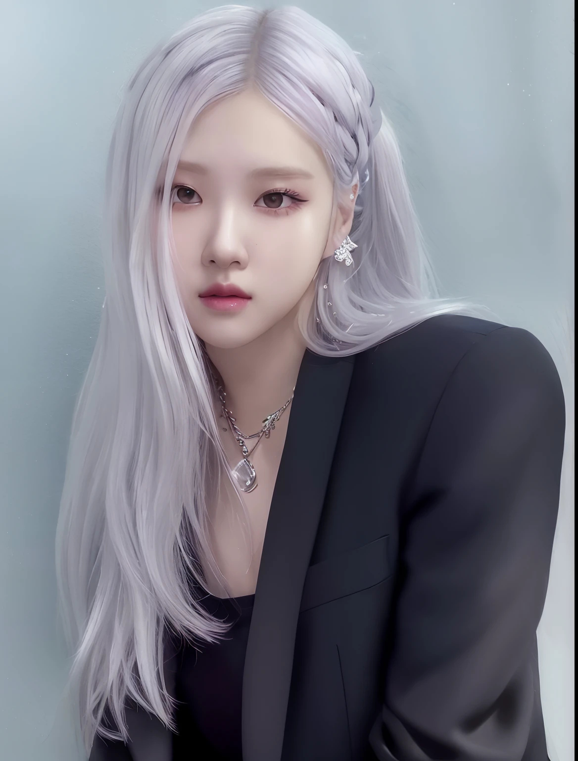 a close up of a person with a necklace and a suit, girl silver hair, silver hair girl, inspired by Yanjun Cheng, portrait of jossi of blackpink, inspired by Kim Deuk-sin, with long white hair, inspired by jeonseok lee, inspired by Sim Sa-jeong, with white long hair, girl with white hair, silver hair (ponytail)