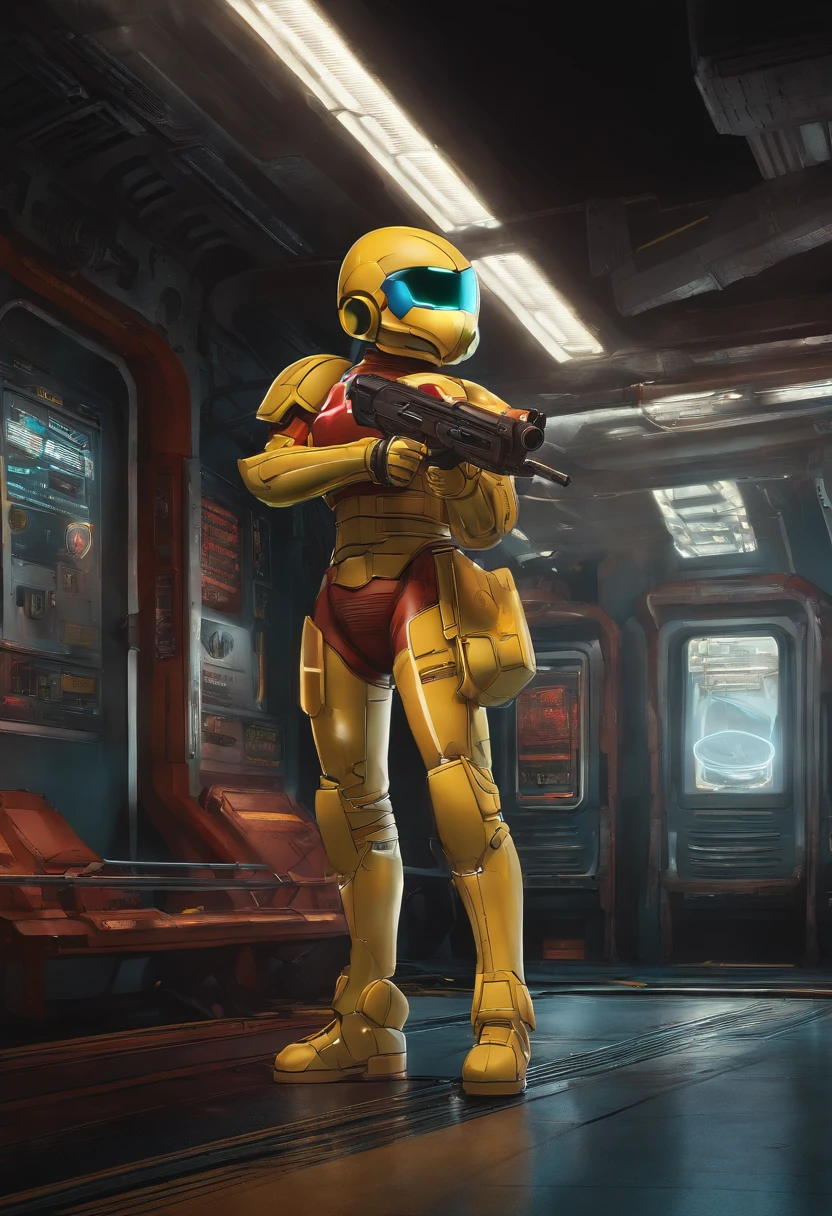 estilo artistico akira toriama , armadura de combate metroid usada por bulma sendo preta e amararela( luvas e botas brancas, elmo com visor rastreador sayagin)