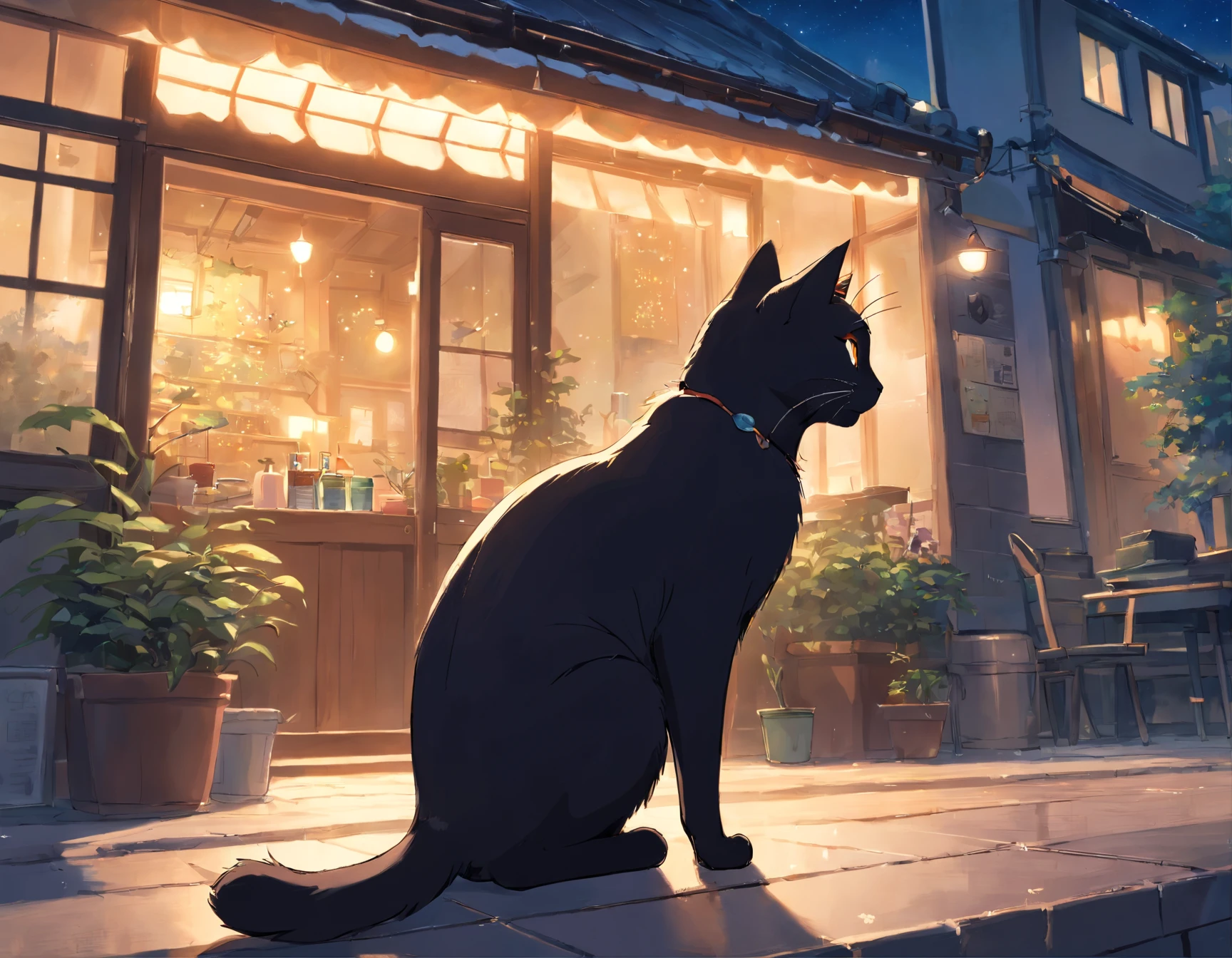 In the foreground、A black cat is depicted as the main character。The black cat is holding a letter。He looks forward、hali々It is depicted that he is walking.、His tail is elongated horizontally。
A dark boulevard is depicted in the background.、The surroundings are quiet and calm。Part of the street passes in front of the artist's studio.、Warm light shines through the windows。
Although the painter itself is not directly depicted、His presence is felt in the atelier and in the expression of the black cat。His sketchbook is sitting on the windowsill.、There are many drawings of black cats in it。
At last、The stars are shining in the sky,、In particular「Holy Night」There is a large star that symbolizes。By this、The fantastical atmosphere of the story is emphasized。