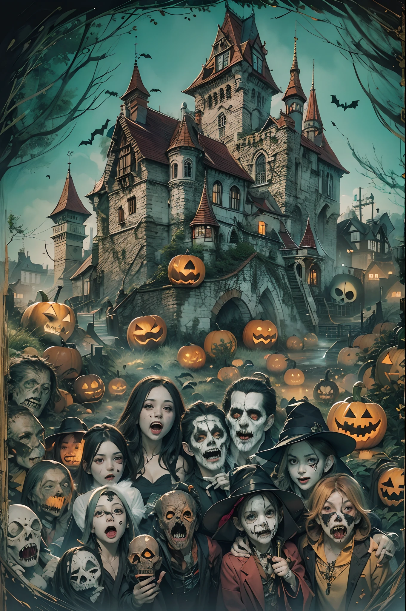 Everyone on Halloween will have their picture taken with Dracula's Castle in the background. Everyone on Halloween is supposed to be laughing, but for some reason they are photographed with a look of fear on their faces. Dracula, witches, zombies, jack-o'-lanterns, Frankenstein, black cats, mummy man, succubus, and other Halloween favorites are all here.Artist uses blotting ink、Blurred the boundaries of the picture, Combination with delicate brushwork、Expressing the details of the picture. It's incredibly beautiful. Beautifully expresses the shades of black ink.(turn blue)