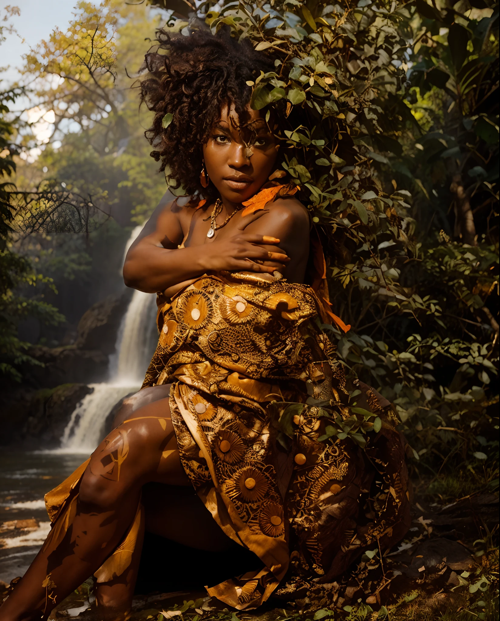 Orisha oxum, Candomblé customs, nude African Goddess, African accessories, cinto dourado, colares Zulu, Nigeria, inspirada em Hale Bailey, cachoeira, lilies, Afrofuturismo, misticismo, Cultura Africana, maquiagem tribal, Orisha oxum, com colar em torno do estilo africano, com seios nus adornados com pulseiras douradas;, saia longa dourada, belt with gold coins and whelks, braided hair and mirror in hand in a waterfall with white lilies on feet, holding golden mirror adorned with pearls and whelks
