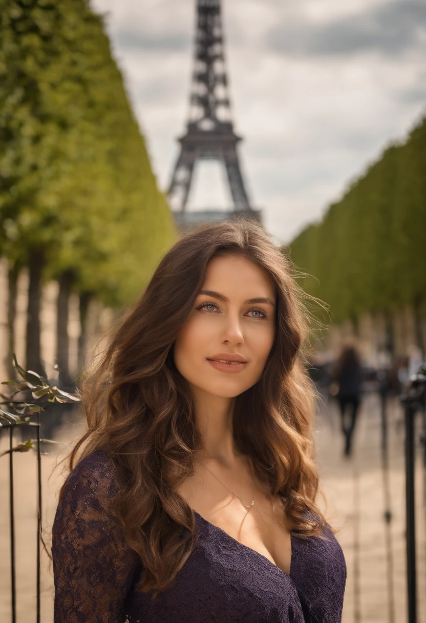 Femme d’Arafed avec des vêtements de Bohème, fille aux yeux bruns, Portrait Sophie Mudd, long, bouclés, cheveux bruns en désordre et grands yeux, selfie miroir d’une jeune femme, Yeux de chambre, Violet Myers, sans maquillage, maquillage naturel, Regarder directement la caméra, Visage avec Artgram, Maquillage subtil, Superbe photo du corps entier, Devant la Tour Eiffel, C’est élégant, Petit clivage