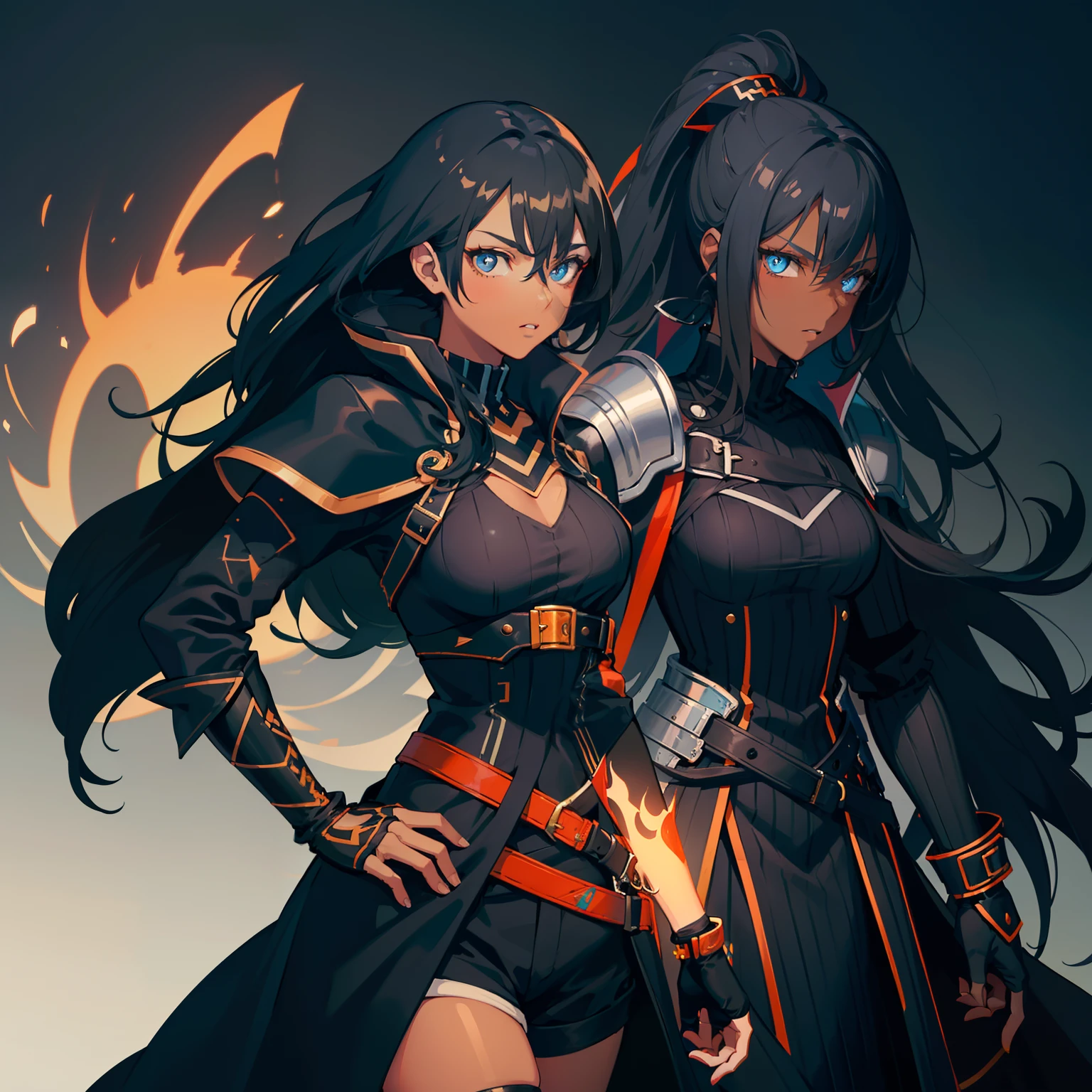 1girl , (((Dark Skin)))), Black Hair with Ponytail, (((Blue Eyes))), ((Black Metallic Gauntlets and Greaves with Orange and Silver Highlights)), (((The Clothes Have a Mix of Modern and Tribal))), (((The Clothes Have a Mix of Modern and Tribal))), having mostly the color black, but having parts in orange, shoulders exposed, at the hip a shorts that extend to half of the thigh of black color. ((Black Overcoat with a orange inner part)) absurd res, best res, high res, best face, best eyes