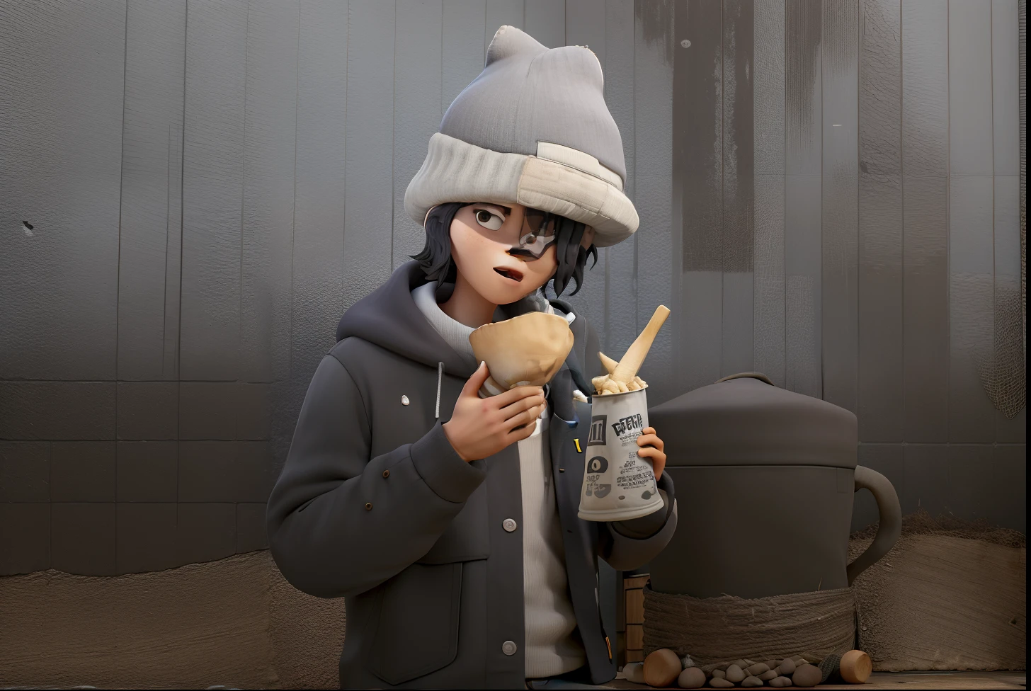 Obra maestra, de la mejor calidad, rapper sul coreano deantrbl en pie con un gorro bucket gris y campera negra con detalles marrones, en frente de una pared gris oscura de vidrios