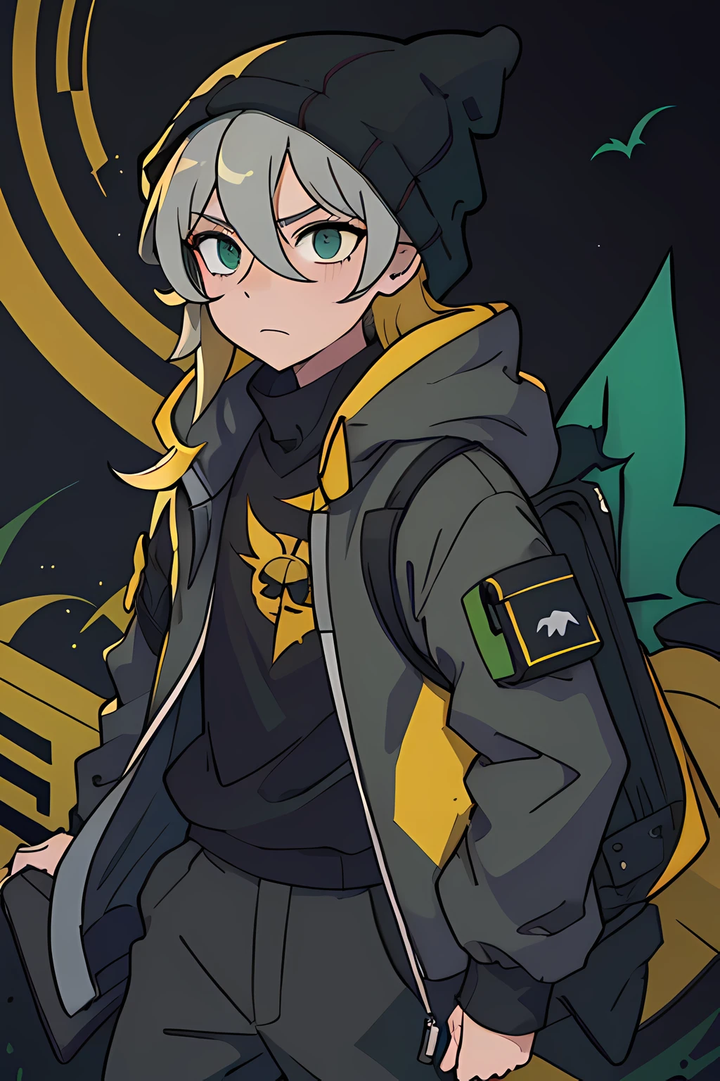 1guy, long yellow hair, dark green down jacket with fluffy hoodie, black pants, eyes covered by hair, bangs covered eyes, black turtle neck sweater, black backpack, bat wings, grey shark beanie, green eyes