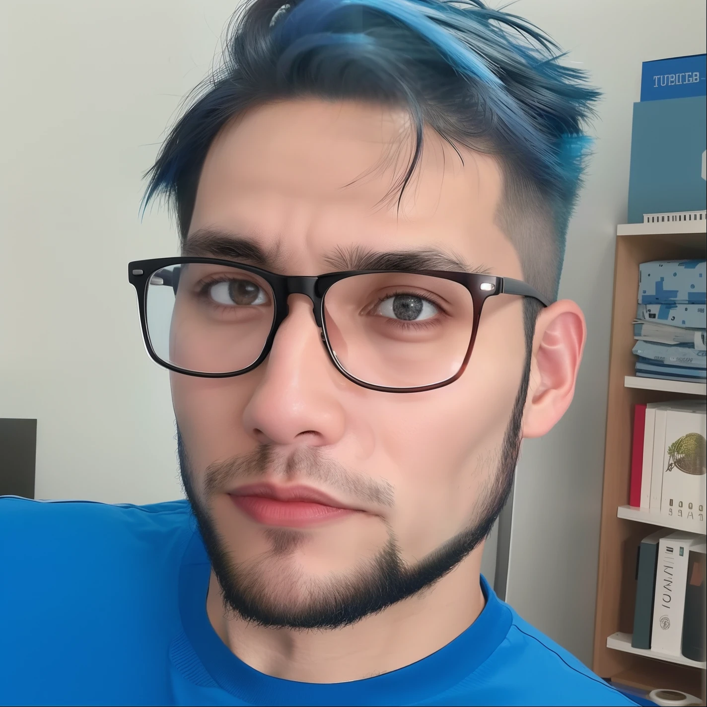 There's a man in glasses and a blue shirt staring into the camera, foto de perfil headshot, 2 7 anos, 2 8 anos, 2 9 anos, Streamer do Twitch / Jogador Ludwig, foto de perfil profissional, with nerdy glasses and goatee, 3 2 anos, taken in the early 2020s, 2 3 anos, com uma barba pequena