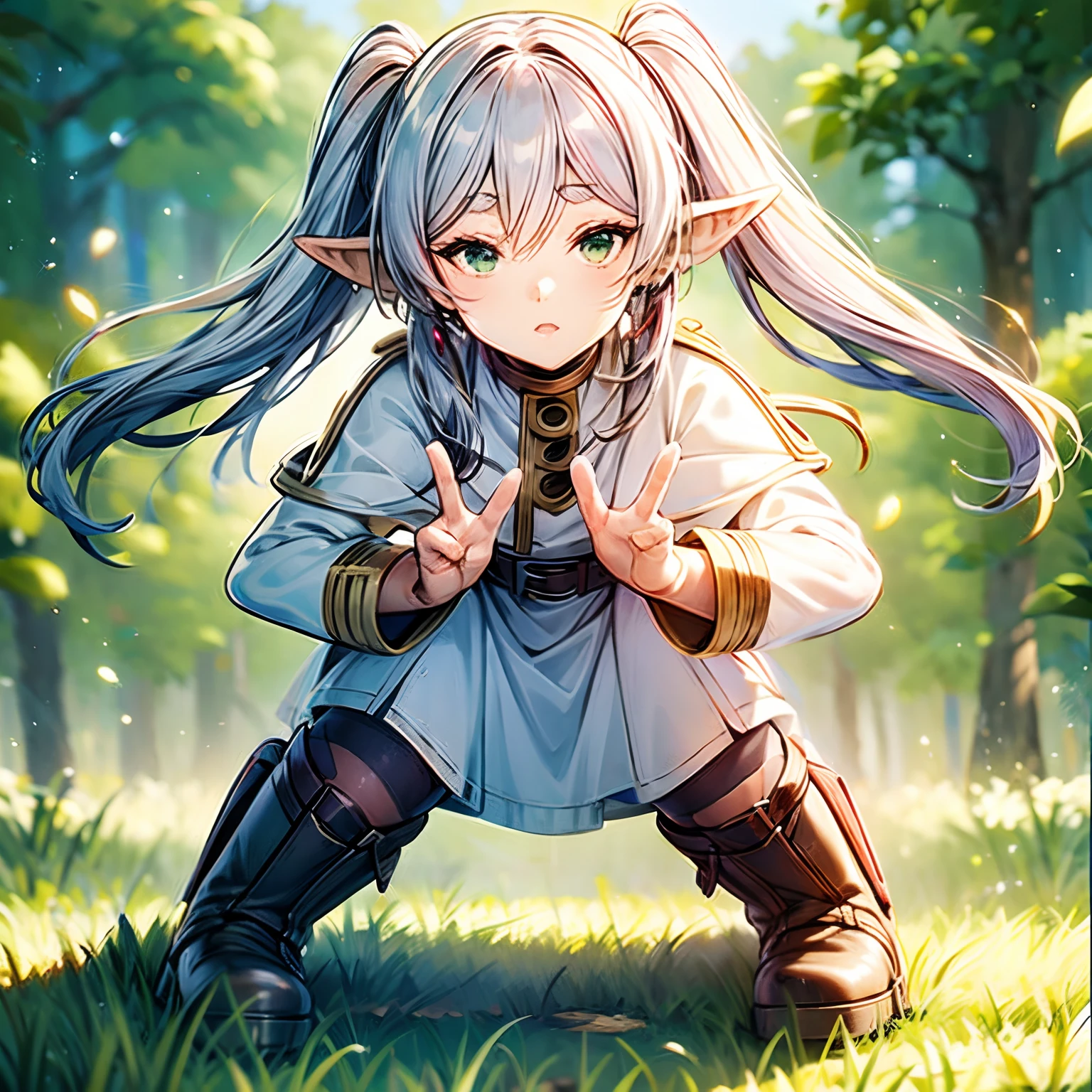 a woman in a dress kneeling on the ground, long hair, blush, bangs, long sleeves, twintails, green eyes, ass, flower, white hair, pantyhose, earrings, boots, outdoors, parted lips, day, pointy ears, belt, white dress, tree, black pantyhose, capelet, brown footwear, knee boots, grass, elf, nature, forest, white capelet, skirt lifting