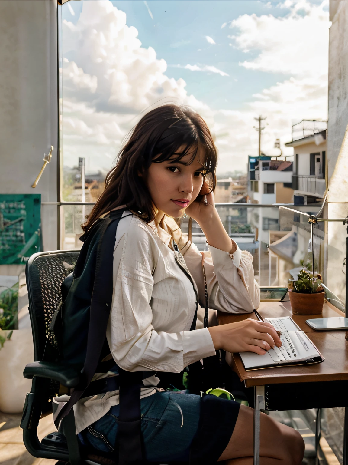 remover a parte selecionada: colocar uma paisagem de um escritorio: escritorio com janela: vista para a cidade: detalhamento na textura da janela: detalhamento na textura da cidade: detalhamento na textura da sala