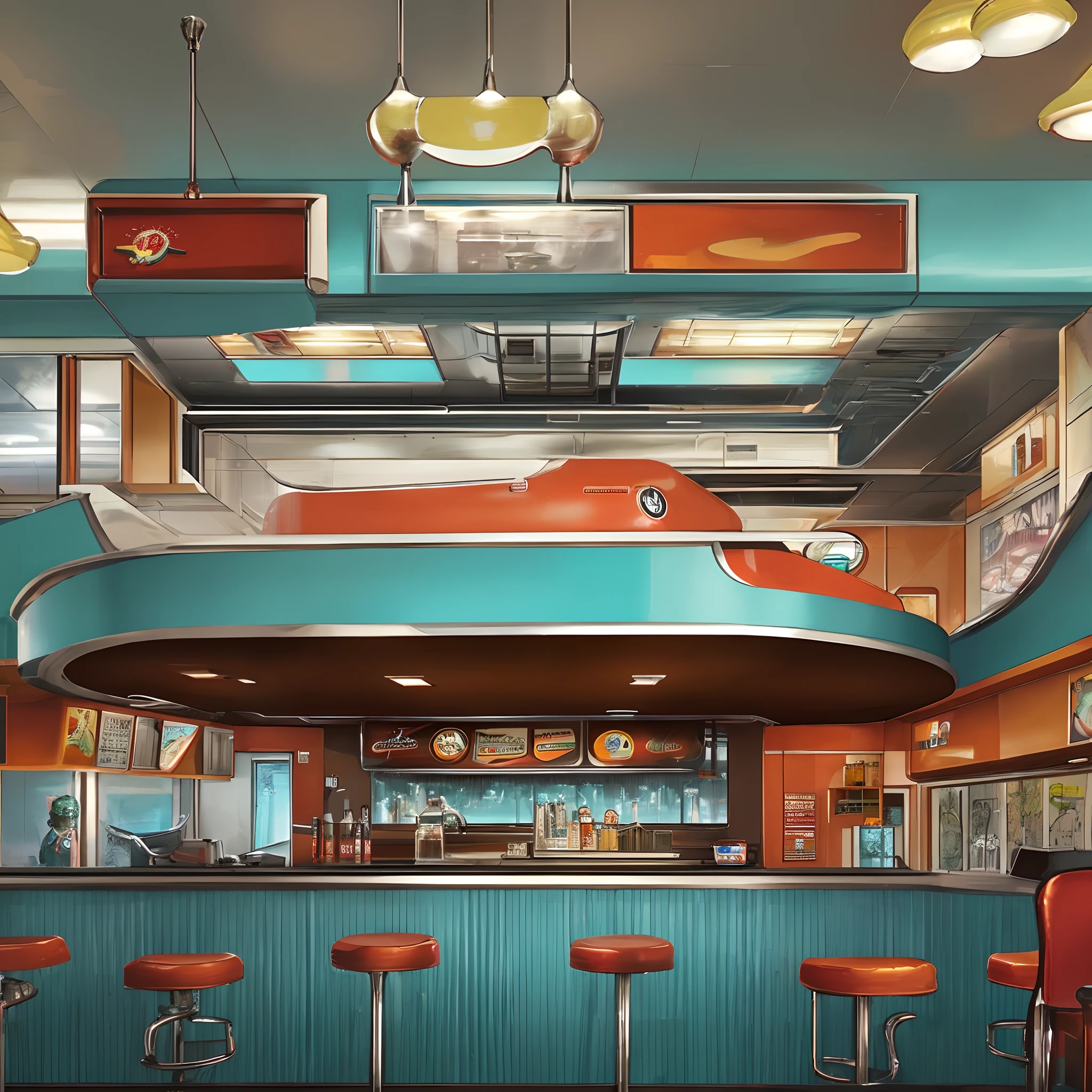 Conceptualize a retro-futuristic diner on a distant planet reminiscent of the 1950s, blending art deco aesthetics with sci-fi elements, and colors of chrome, cherry red, and atomic turquoise.