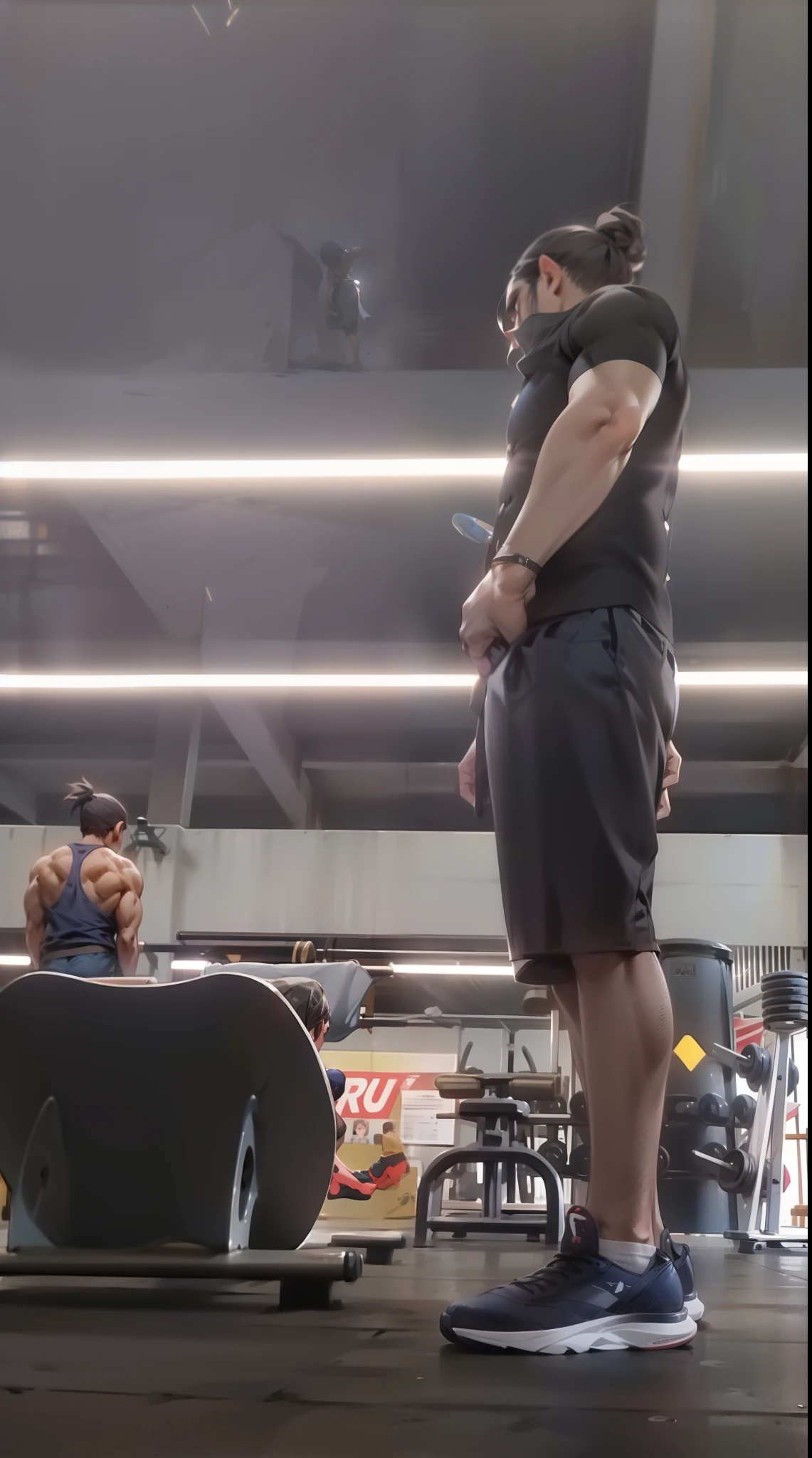 There is a man who is standing in a gym with a bar, Filmagens de baixa qualidade, low quality video, malhar, em uma academia, meio tiro de um hunky, cinematic body shot, Imagens granuladas, video still, cinematic low shot, foto de baixa qualidade, tiro longo de costas, suado. vapor no ar, Posar e flexionar, colocar em estilo anime ressaltar musculos
