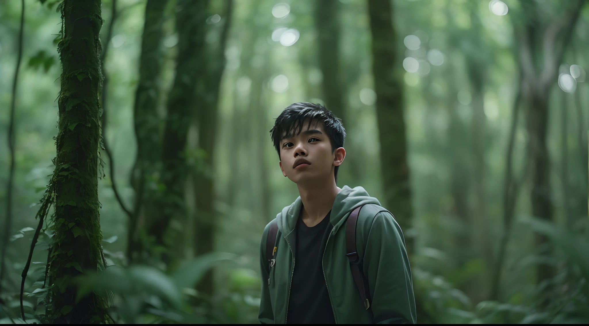 Create a cinematic portrait of the Malay boy as he explores a dense, mysterious forest. Use a prime lens with a wide aperture to create a shallow depth of field. The forest is filled with dappled, diffused light. Apply a desaturated color grading to emphasize the otherworldly nature of the scene