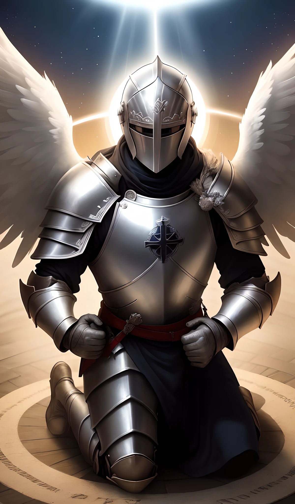 Knight Templar with Angel Wings, kneeling in prayer, surrounded by a circle of light. The knight is wearing full armor, But his helmet is off, revelando seu rosto. He's looking up at the sky, with a look of peace and trust on his face.