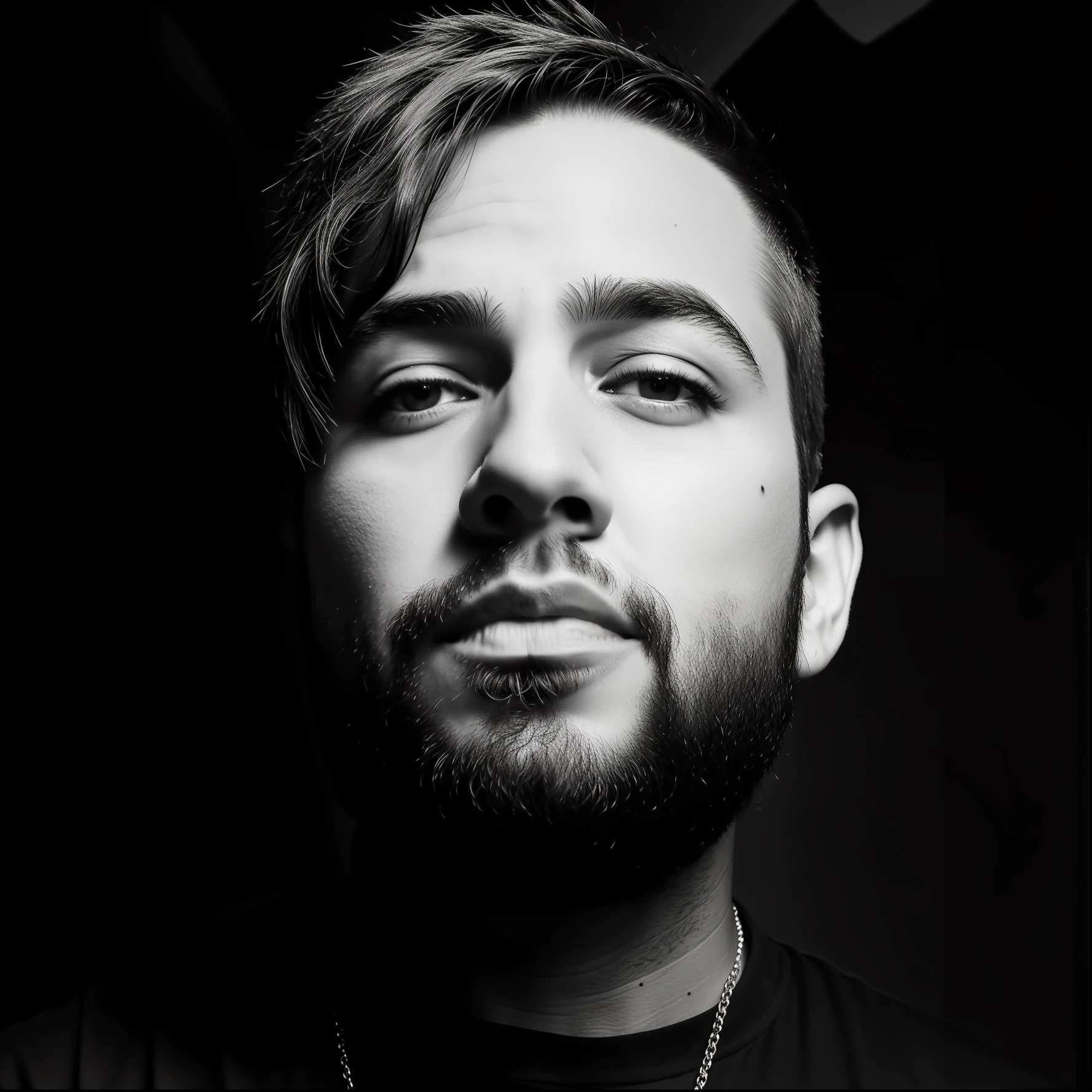 Homem com BarBa e camisa preta olhando para cima, imagem de perfil, imagem em preto e Branco, halfbody headshot, foto de perfil headshot, imagem frontal, Joel Torres, taken in the early 2020s, menacing stare, Retrato tirado 8 K, Directed by: Adam St. Peter's, B&w foto, Carregado, dessaturados!!