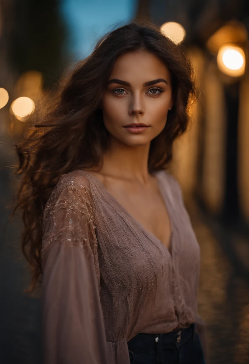 Femme d’Arafed avec des vêtements de Bohème, fille aux yeux bruns, Portrait Sophie Mudd, long, bouclés, cheveux bruns en désordre et grands yeux, selfie miroir d’une jeune femme, Yeux de chambre, Violet Myers, sans maquillage, maquillage naturel, Regarder directement la caméra, Visage avec Artgram, Maquillage subtil, Superbe photo du corps entier, dans la rue la nuit